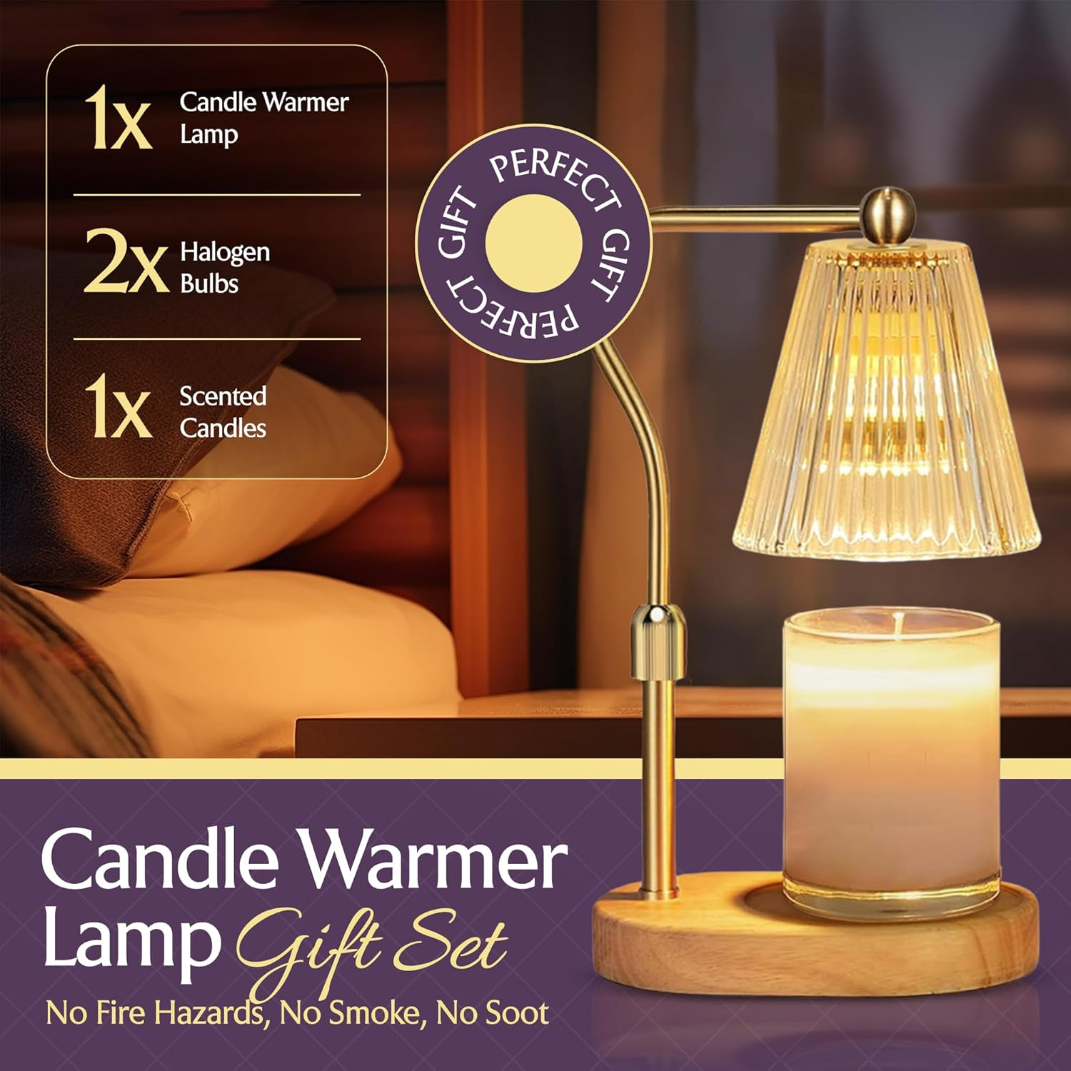 Adjustable Candle Warmer Lamp Gift Set with Scented Candle &ndash; Electric Wax Melt Lamp with 4-Level Dimmer & Timer (2/4/8H), Bedside Table Lamp, Home Decor Gift image number 3