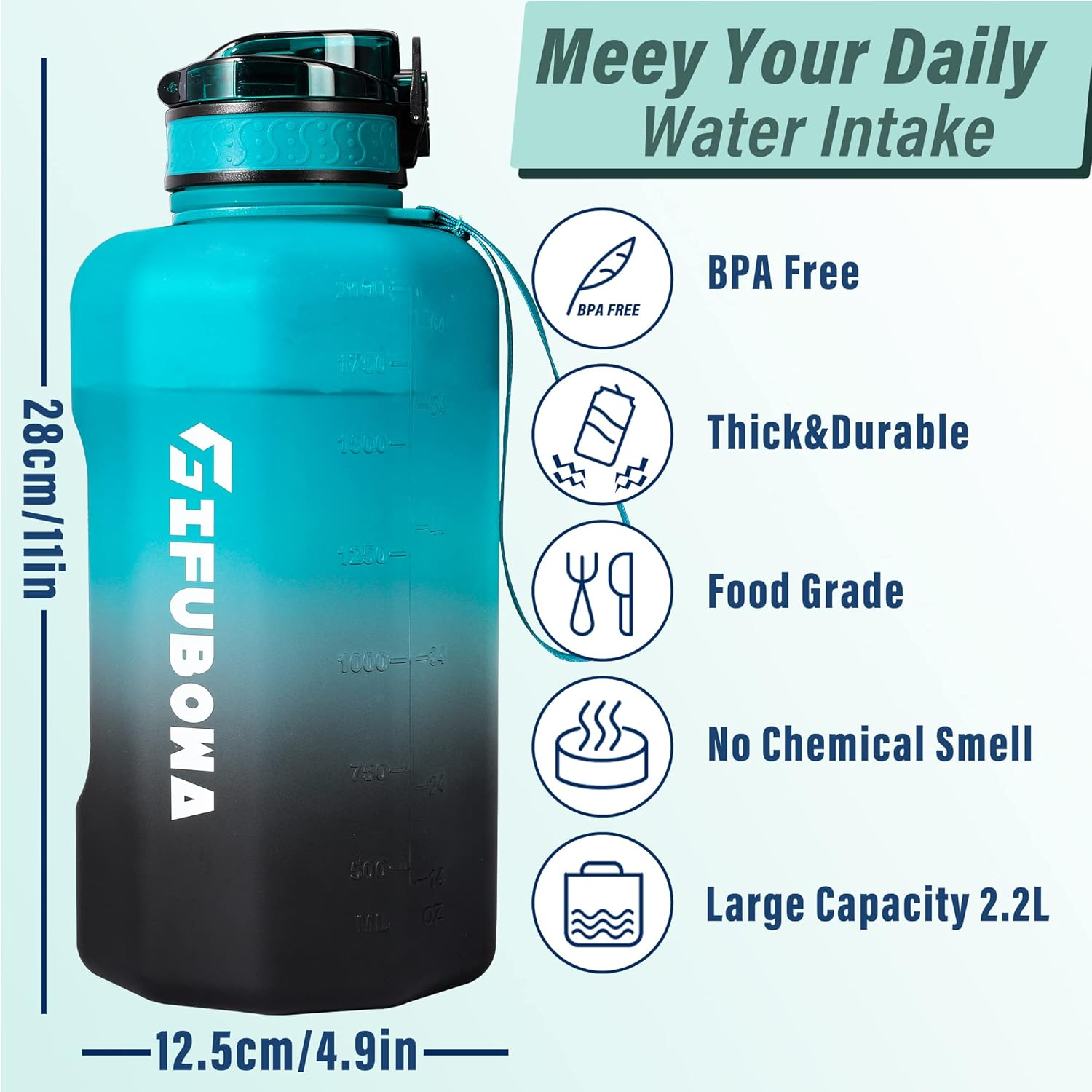 GIFUBOWA Large Water Bottle 2.2 Liter with Straw BPA Free Big Drinks Jug for Gym Sport image number 4