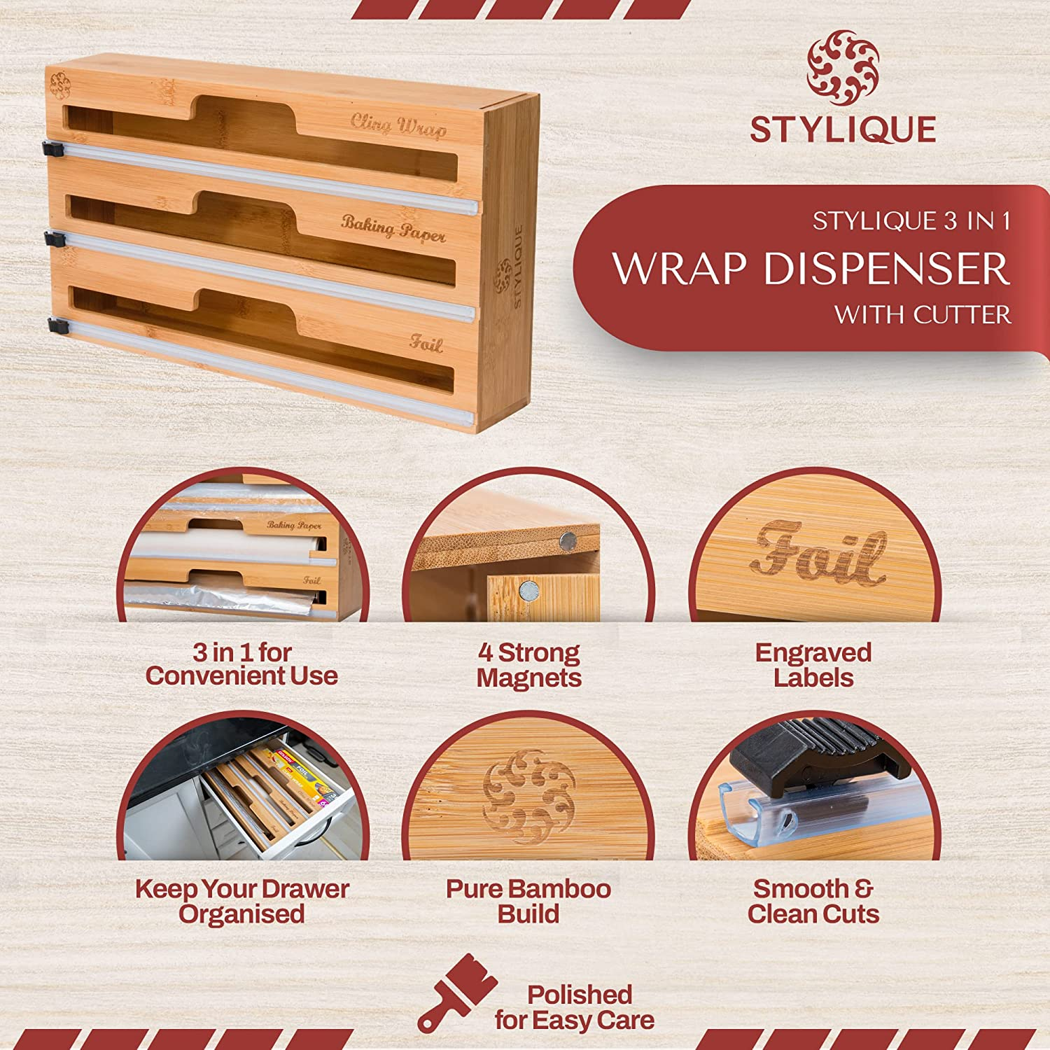 3 in 1 Foil and Cling Wrap Organiser (Aussie Sizes) for Kitchen Storage & Organisation, Cling Wrap Dispenser with Cutter Drawer & Pantry Organiser for Aluminium Foil Baking Paper 33Cm Roll (Natural)