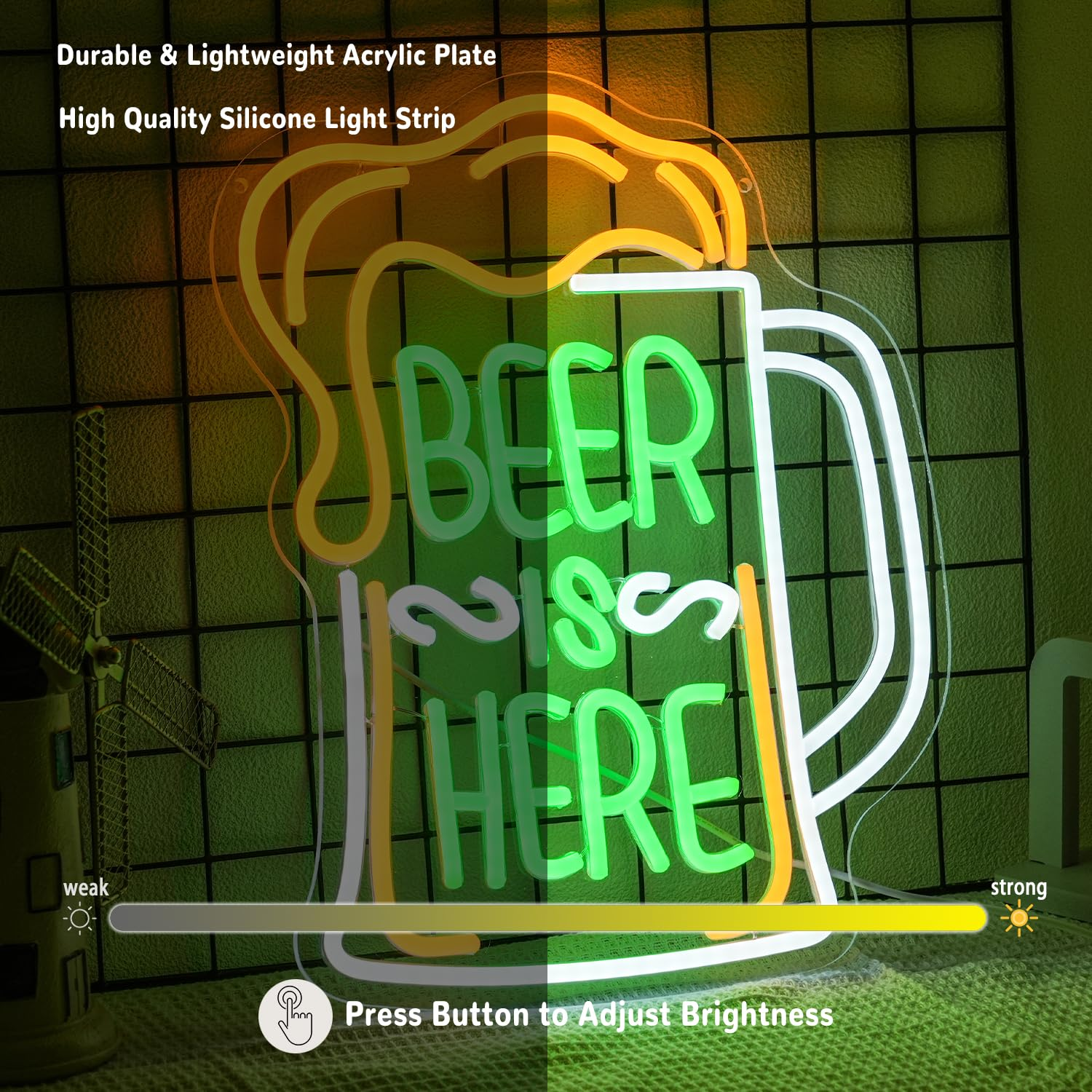 LMSIGNLY Beer Is Here Neon Sign for Wall Decor Beer Bar Neon Light Beer Glass Neon Light Sign Green Letter LED Sign for Home Nightclub Man Cave Restaurant Party - Cold Beer Open image number 3