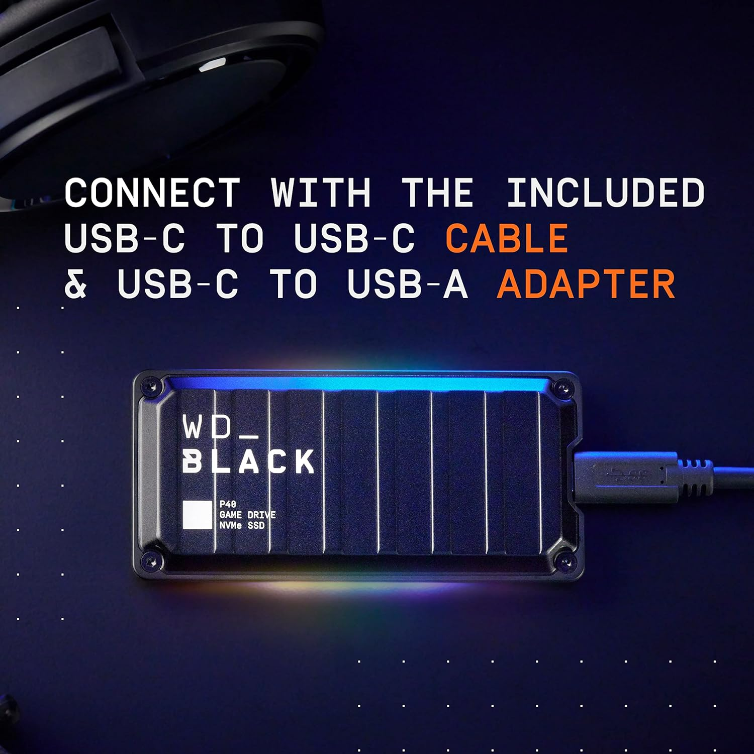 Western Digital 2TB P40 Game Drive SSD - up to 2,000Mb/S, RGB Lighting, Portable External Solid State Drive, Compatible with Playstation, Xbox, PC, & Mac - WDBAWY0020BBK-WESN image number 4