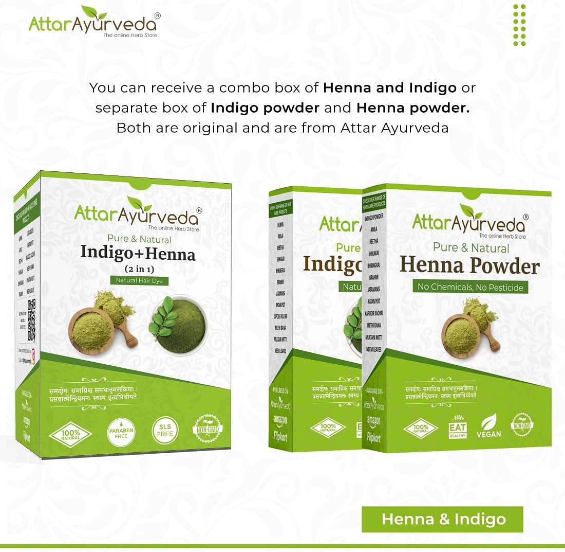 Attar Ayurveda Natural Dye for Black Hair (Henna Leaves Powder| Indigo Leaves Powder Combo Pack) (200 Grams + 200 Grams = 400 Grams Total) - 14 Ounce Pack 2 image number 4