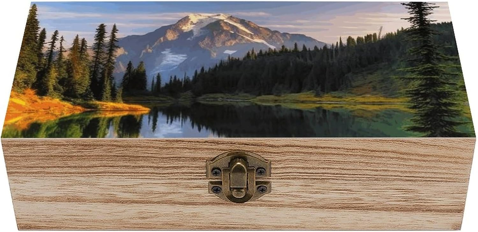 Mountain Lake Wooden Box Wood Wedding Keepsake Boxes with Lids Small Decorative Boxes Lightweight Wooden Memory Storage Box for Crafts Keepsakes Jewelry Photo Letter Storage image number 3