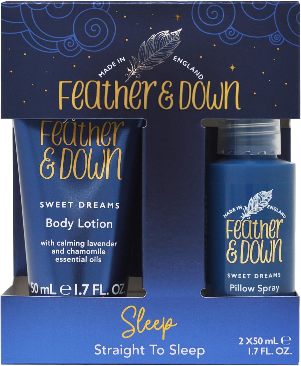 Feather & down Bathtime Bliss Gift Set (Shower Cream, Pillow Spray, Bath Essence & Body Lotion) - Bath Set with Lavender & Chamomile Essential Oils. Vegan Friendly & Cruelty Free.