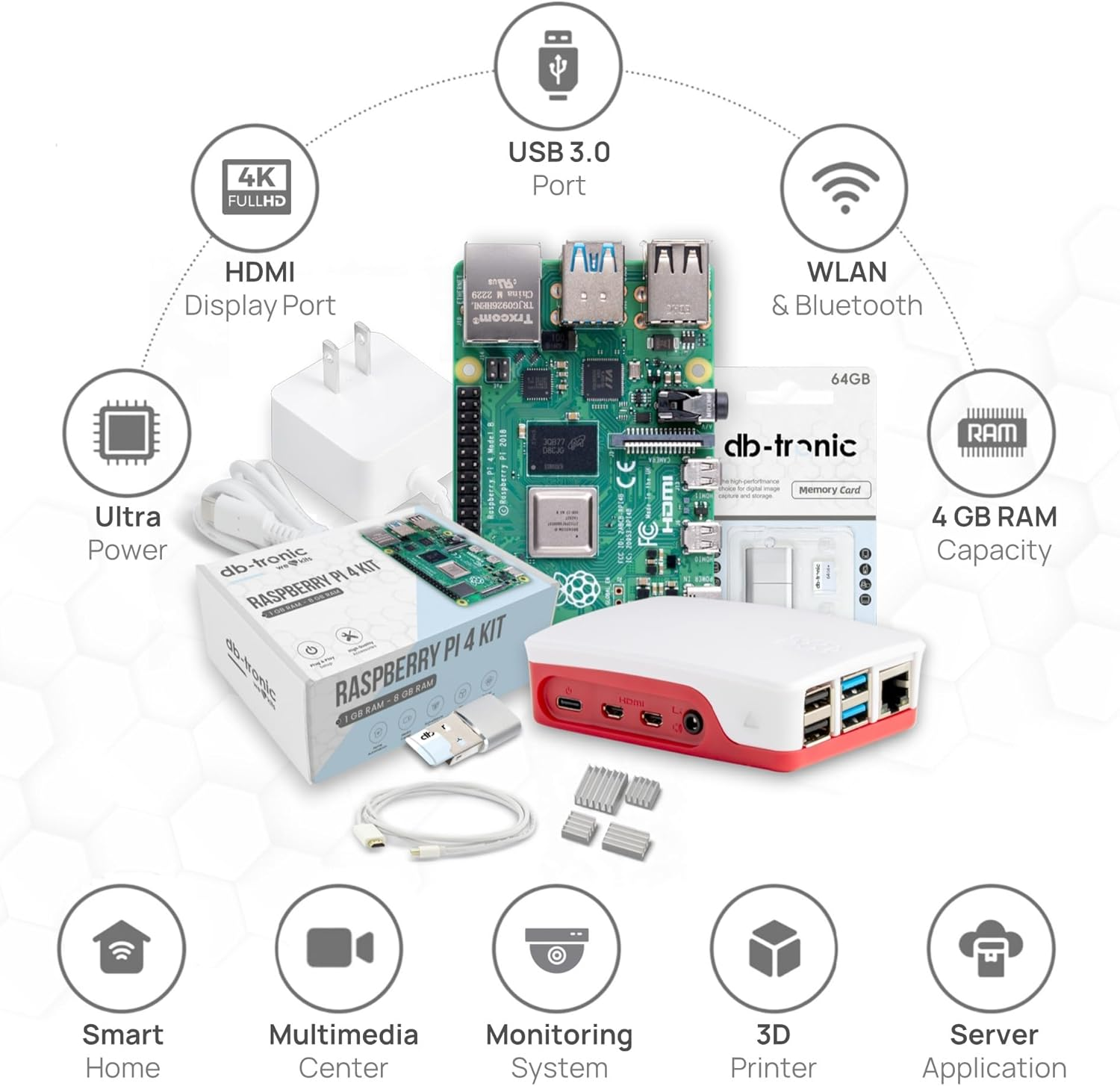 Raspberry Pi 4 Model B 4GB Starter Kit, Raspberry Pi 4 (4GB RAM), 5V 3A USB-C Power Supply, Housing, 32GB SD Card, Micro HDMI Cable image number 2