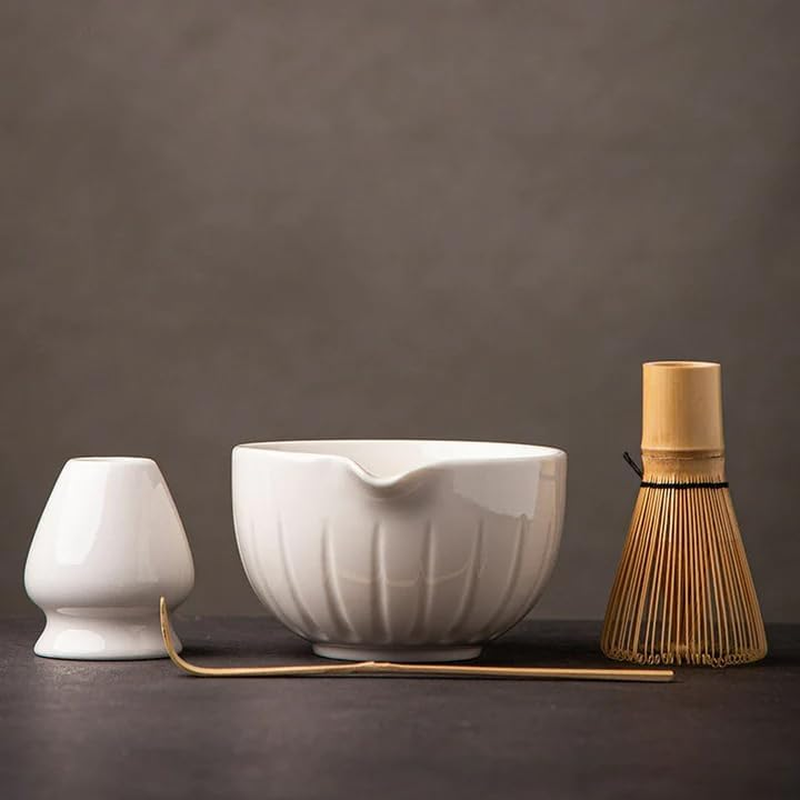 TANG PIN Matcha Set - Match Bowl and Whisk | Matcha Scoop Matcha Stand (Chasen Holder) 4Pc Perfect Matcha Kit for Matcha Tea Ceremony (White) 5.4*4.7*3.0