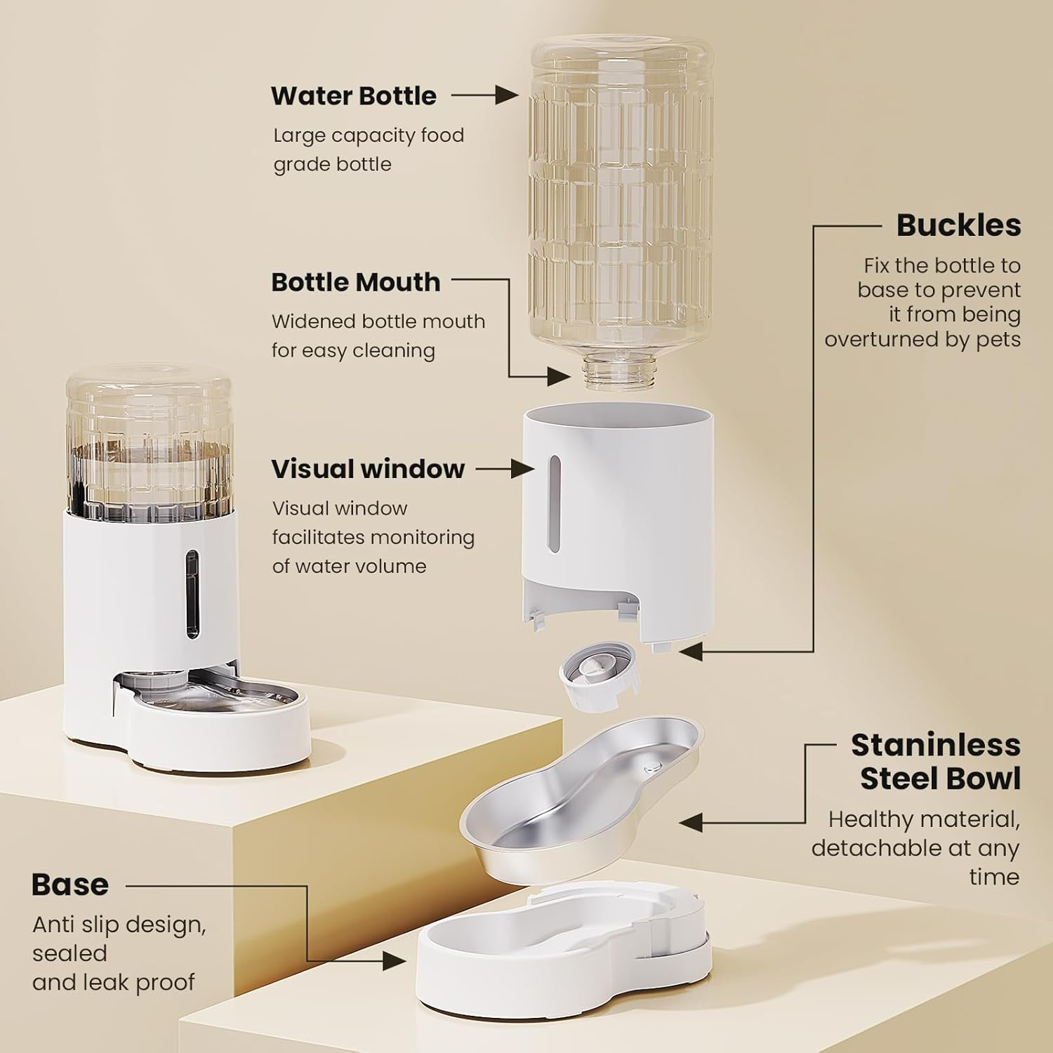 4L Cat Water Dispensers with Stainless Steel Bowl, Automatic Feeders Gravity Pet Water Dispenser for Dogs, Large Drinking Bottles Bowls for Cats/Dogs - White image number 1