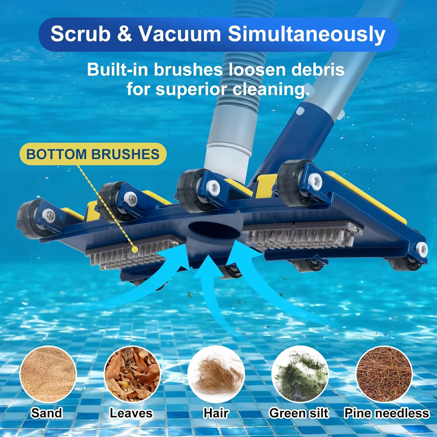 POOLAZA 35Cm Pool Vacuum Head &ndash; Weighted Pool Vacuum Head with Bottom Brushes & 6 Weights, Flexible Design with Swivel Hose Connection and Wheels, for Inground & above Ground Pools image number 2