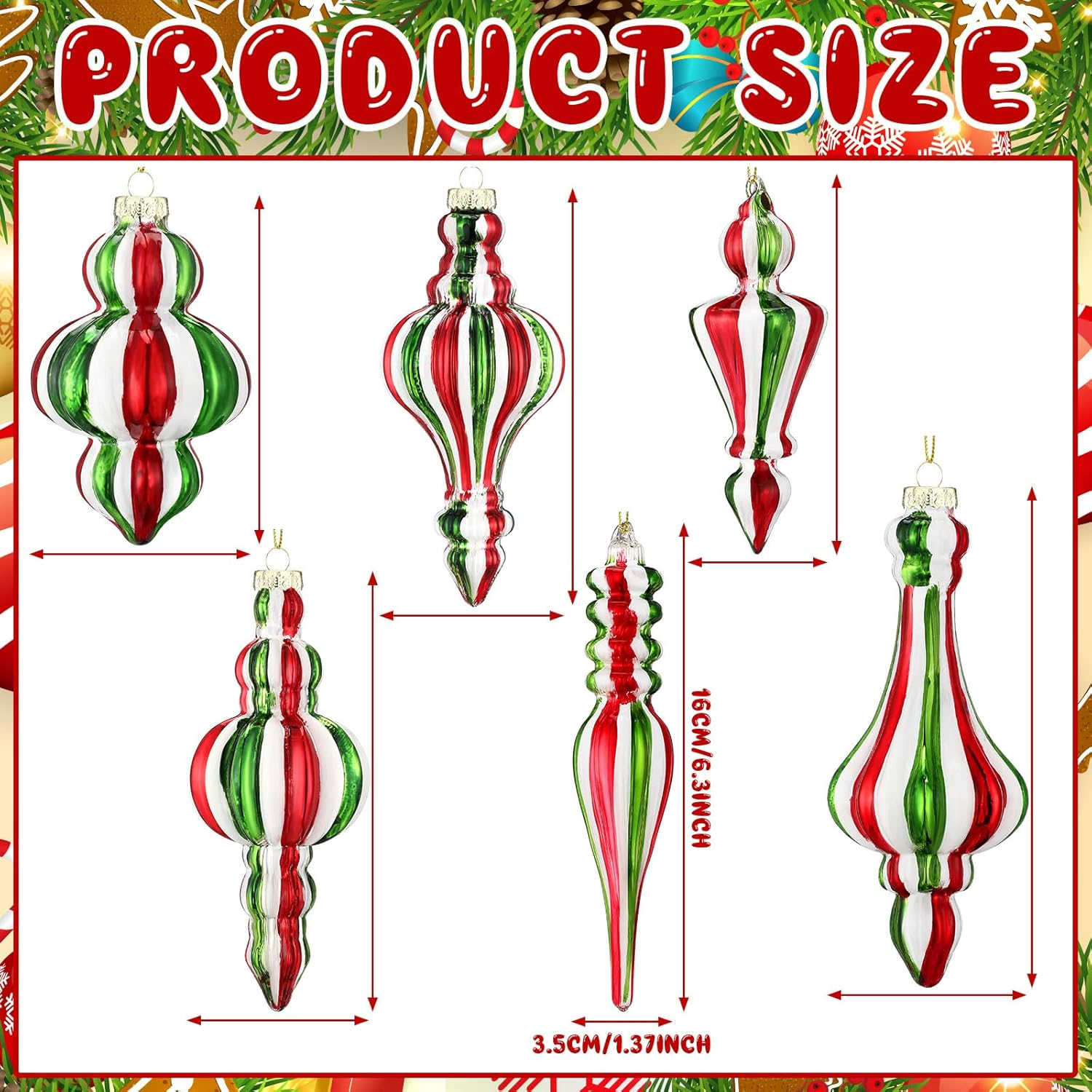 Soaoo 6 Pcs 6.3 Inch Mercury Glass Finial Christmas Ornaments Hanging Christmas Finials Glass Ornaments Assorted Mercury Decor for Xmas Tree Vintage Holiday Decoration(Red, Green,Novel) image number 2