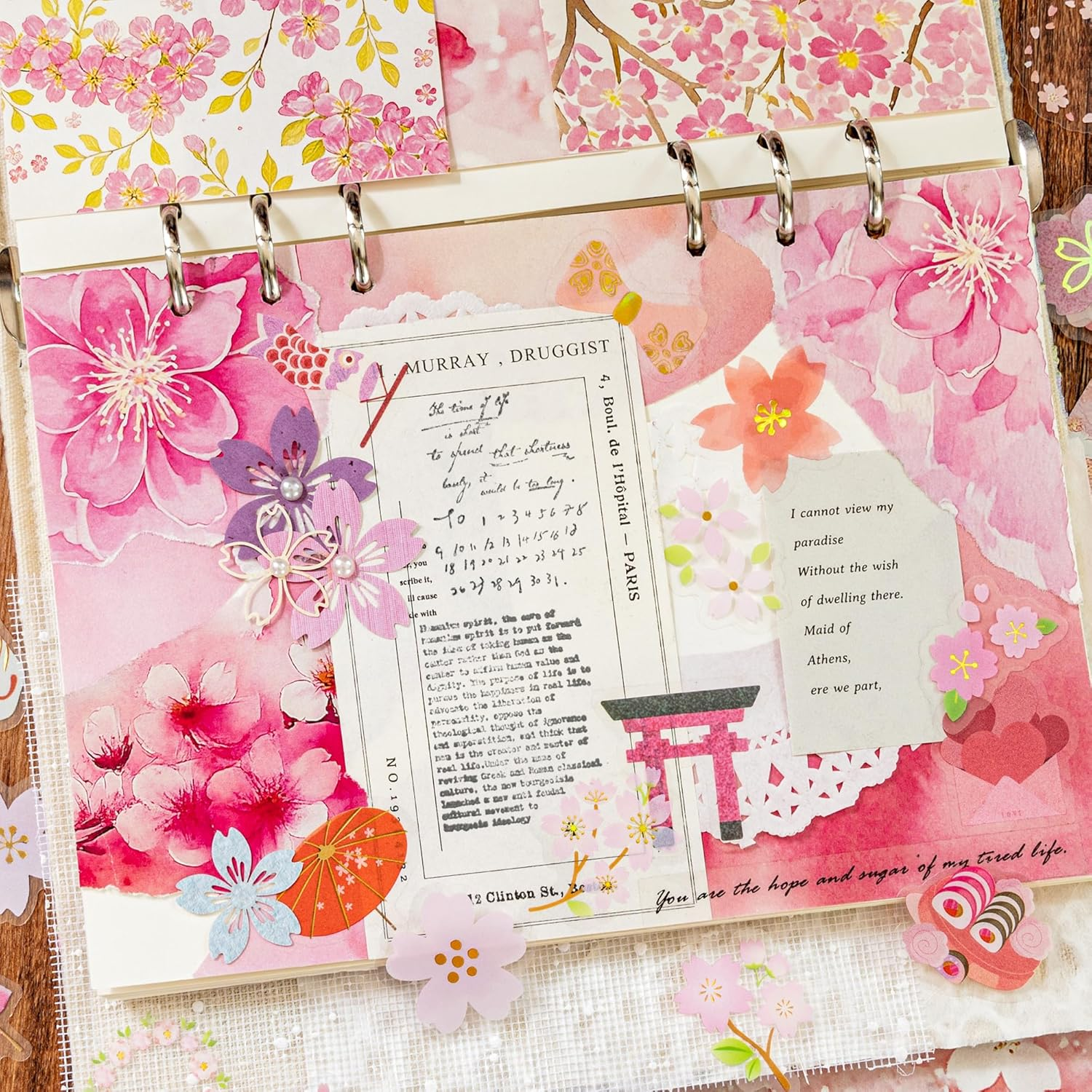 Sakura Scrapbooking Kit Cherry Blossom Decorative Sticker & Paper Flower Paper Cutouts Japanese Flower Decals with Gold Foil for Journal Planner Arts and Crafts Card Making Collaging (Freesa) image number 3