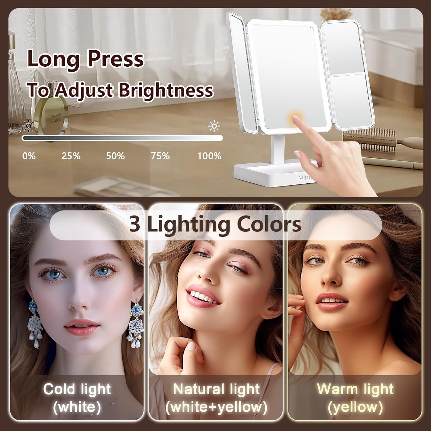 Vanity Mirror with Lights & 2X/3X Magnification &ndash; Touch Control Tri-Fold LED Makeup Mirror | 3 Color Modes, USB Rechargeable (White, Perfect Women&rsquo;S Gift) image number 6