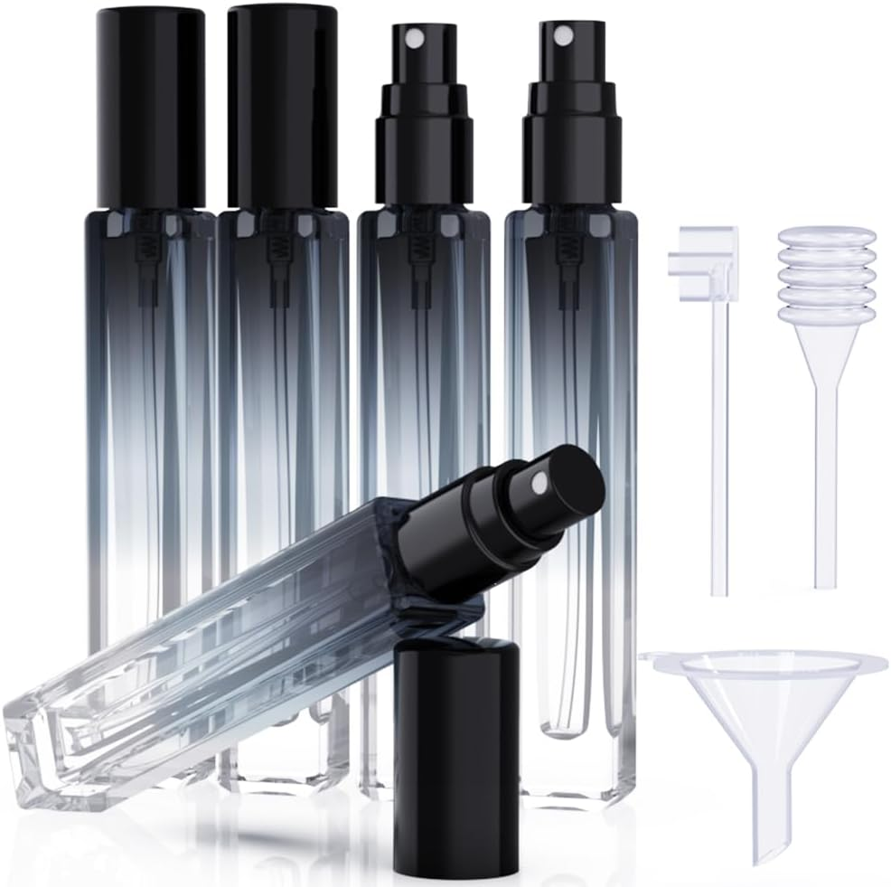 5PCS Cologne Atomizer Empty, 10ML Mini Perfume Bottles Refillable with Dispenser Tools, Pocket Spray Bottle for Travel and Sample Container (Transparent+Silvery Cap)