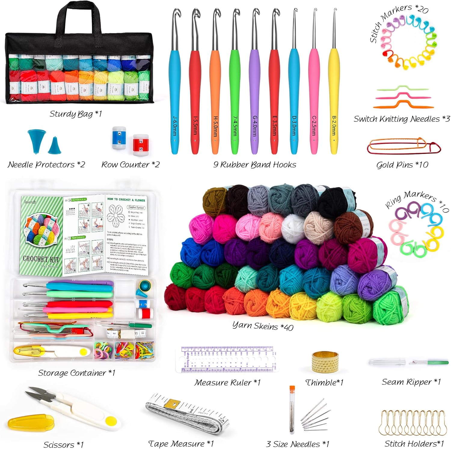 113 Piece Crochet with Yarn Set&ndash;1600 Yards Assorted Yarn 73PCS Crochet Accessories Set Including Ergonomic Hooks, Knitting Needles & More Ideal Beginner Kit image number 5