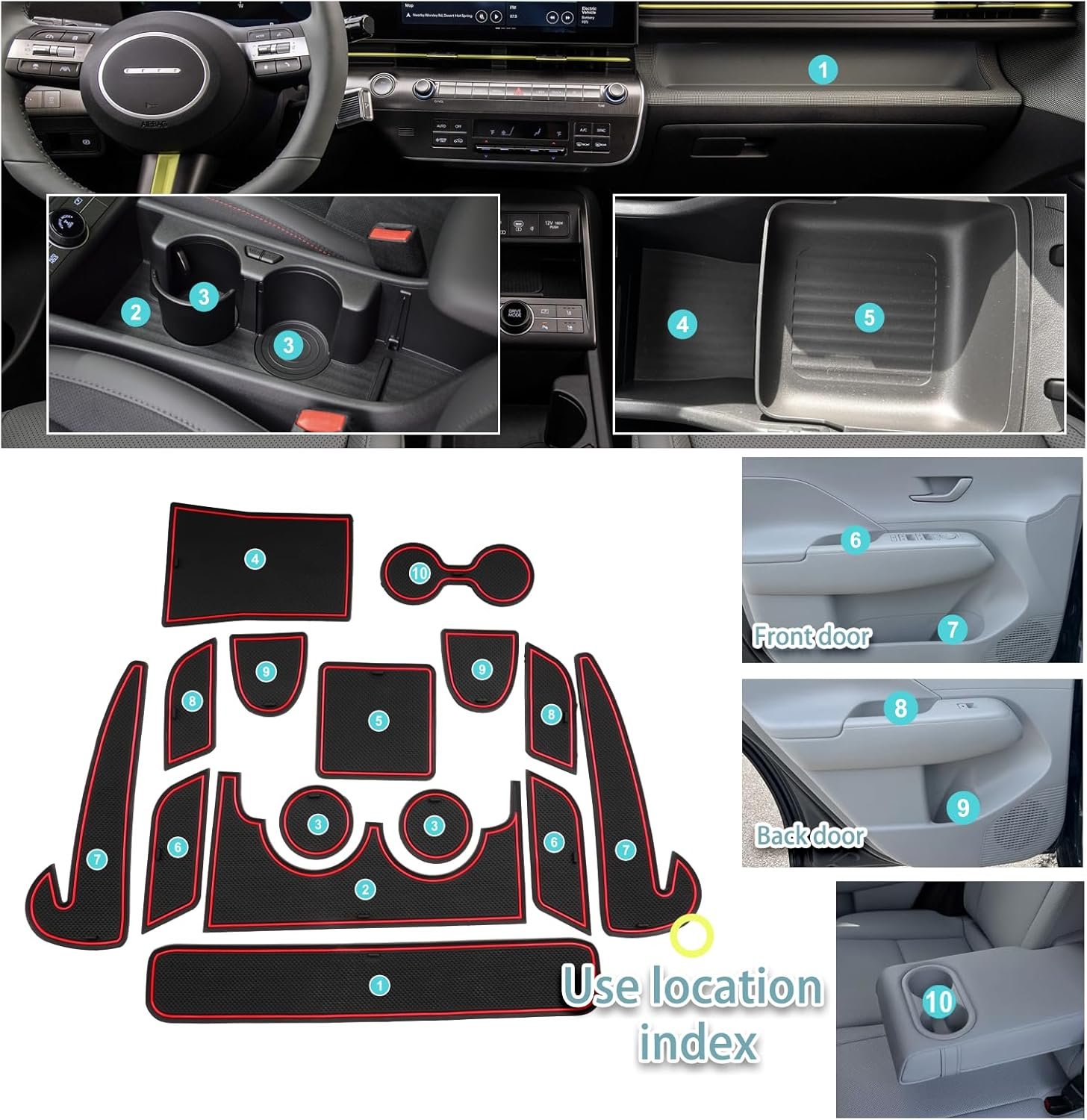 SHAOHAO Compatible with Hyundai Kona SX2 2024 2025 2026 Rubber Mats Centre Console Non-Slip Mats Drink Holder Mat Door Slot Mat Storage Box Hyundai Kona Accessories Red - Petrol Version-Red image number 3