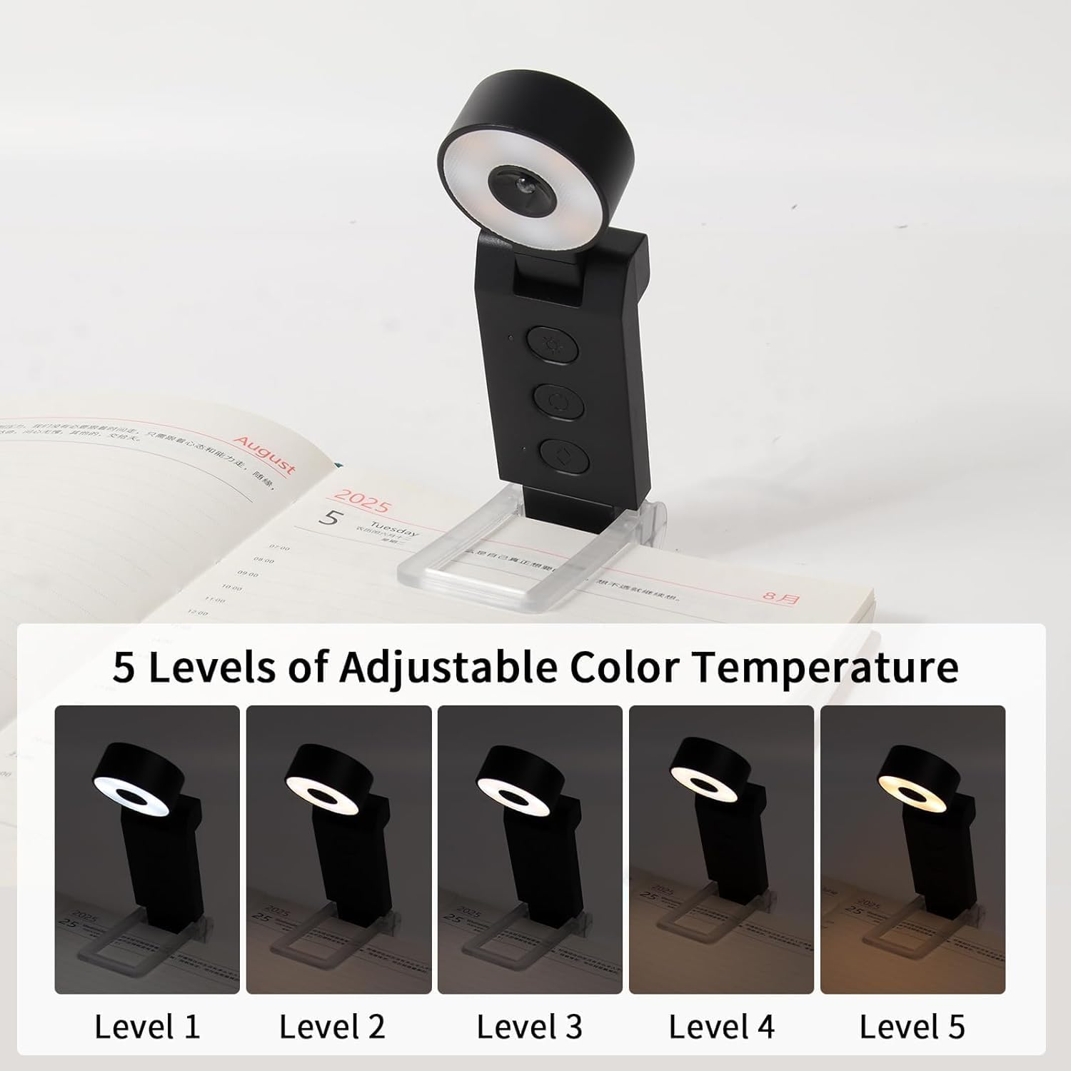 Book Light, USB Rechargeable Clip-On Reading Light, 30 Adjustable Modes, Eye-Caring,Flashlight with Timer, Perfect for Book Lovers/Travel (Black-Round)