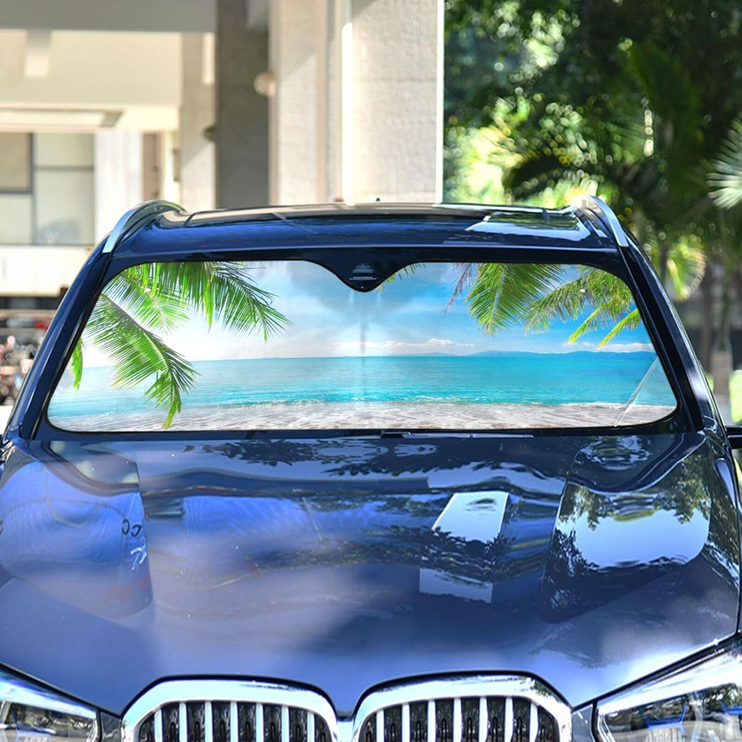 Tropical Palm Tree Beach Car Windshield Sun Shade Blocks UV Rays Sun Visor Protector Foldable Sun Reflector to Keep Your Vehicle Cool