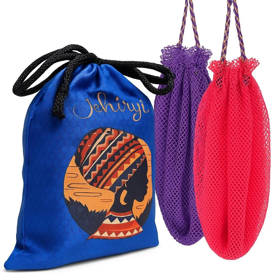 Rope Handles African Exfoliating Net Bath Sponge, Authentic Long Body Scrubber, Premium Nylon Shower Washcloth for Deep Cleansing & Dead Skin Removal - Unisex Spa Bathing Accessory (Rose Red & Purple) image number 1