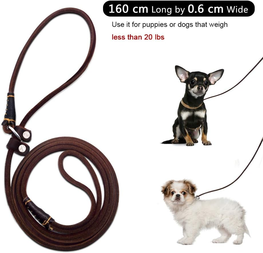 Wellbro Luxury Genuine Leather Slip Dog Leash Deluxe Slip Lead with Adjustable Collar Soft Touch and Exquisite Suit for Small Medium Puppies 160Cm Length by 0.6Cm Wide Brown - Basic Leash image number 5