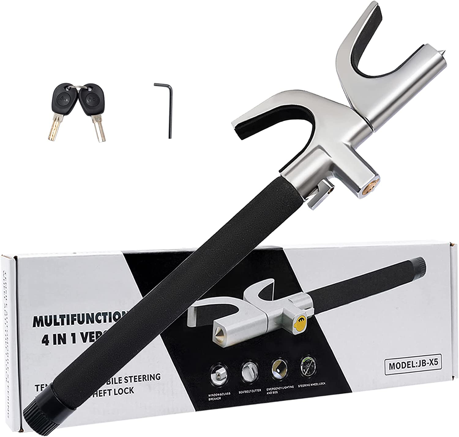 4-In-1 Steering Wheel Lock with Flashlight/Sos LED Ligth,Seat Belt Cutter,Escape Hammer,2 Keys Retractable Steering Lock,Vehicle Anti-Theft Lock，Universal for Auto/Truck/Suv/Van Black image number 2