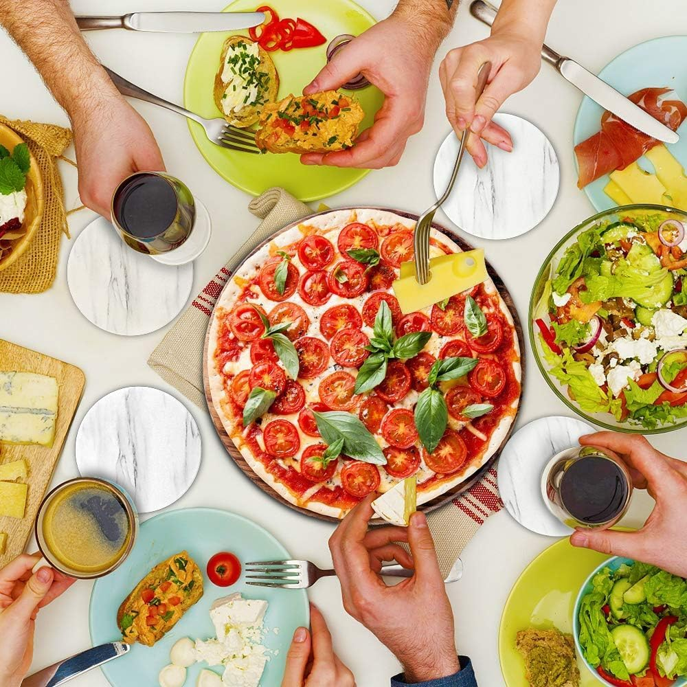 CULOTOL Set of 8 Coasters for Drinks,Absorbent Marble Style Ceramic Drink Coaster with Holder for Coffee Wooden Table White Home Decor,Coasters for Dining Table