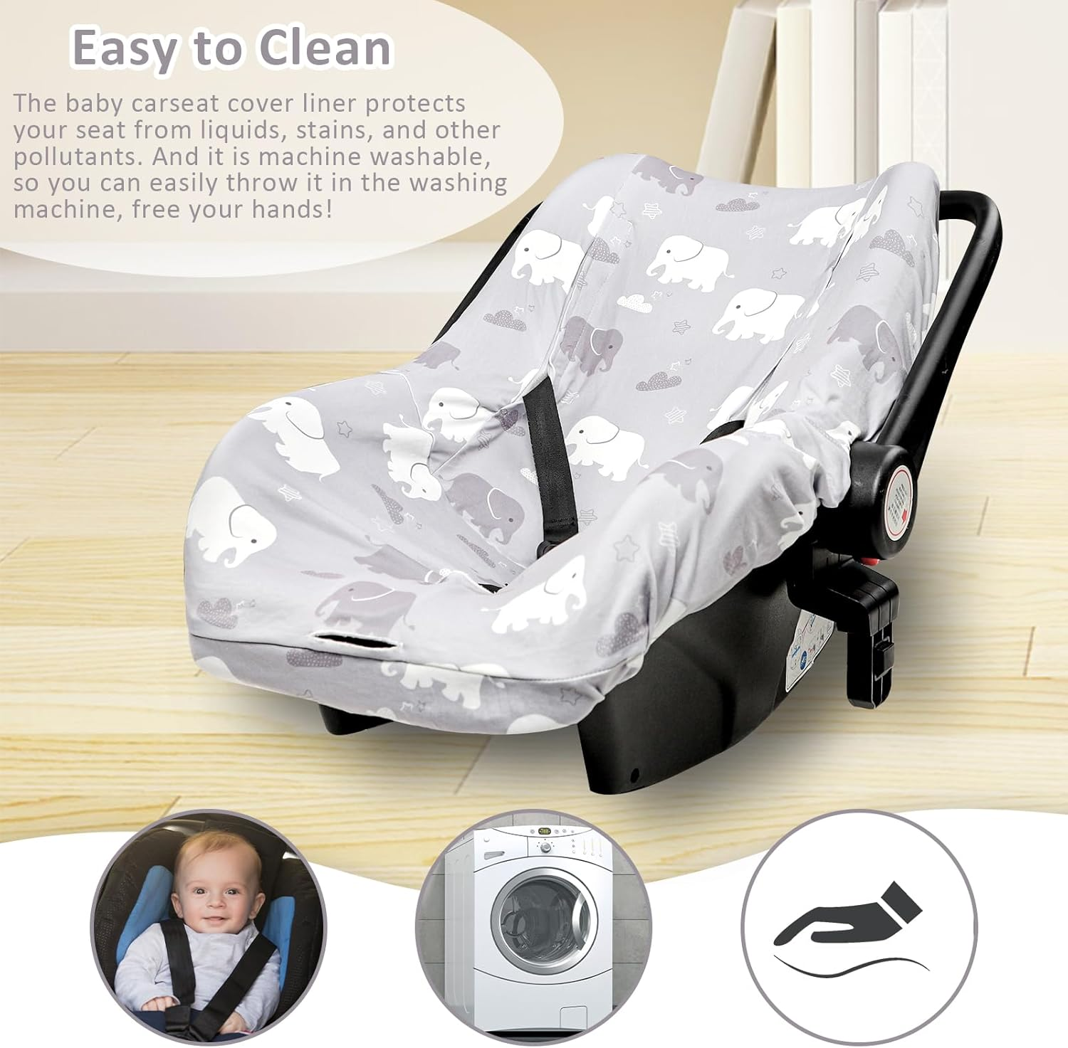 Baby Car Seat Cover Liner, Infant Carseat Cover Liner and Protection for Boys Girls, Universal Fit Car Seat Protective Cover,Soft & Comfortable,Machine Washable,Gray Elephant - Gray Elephant image number 3