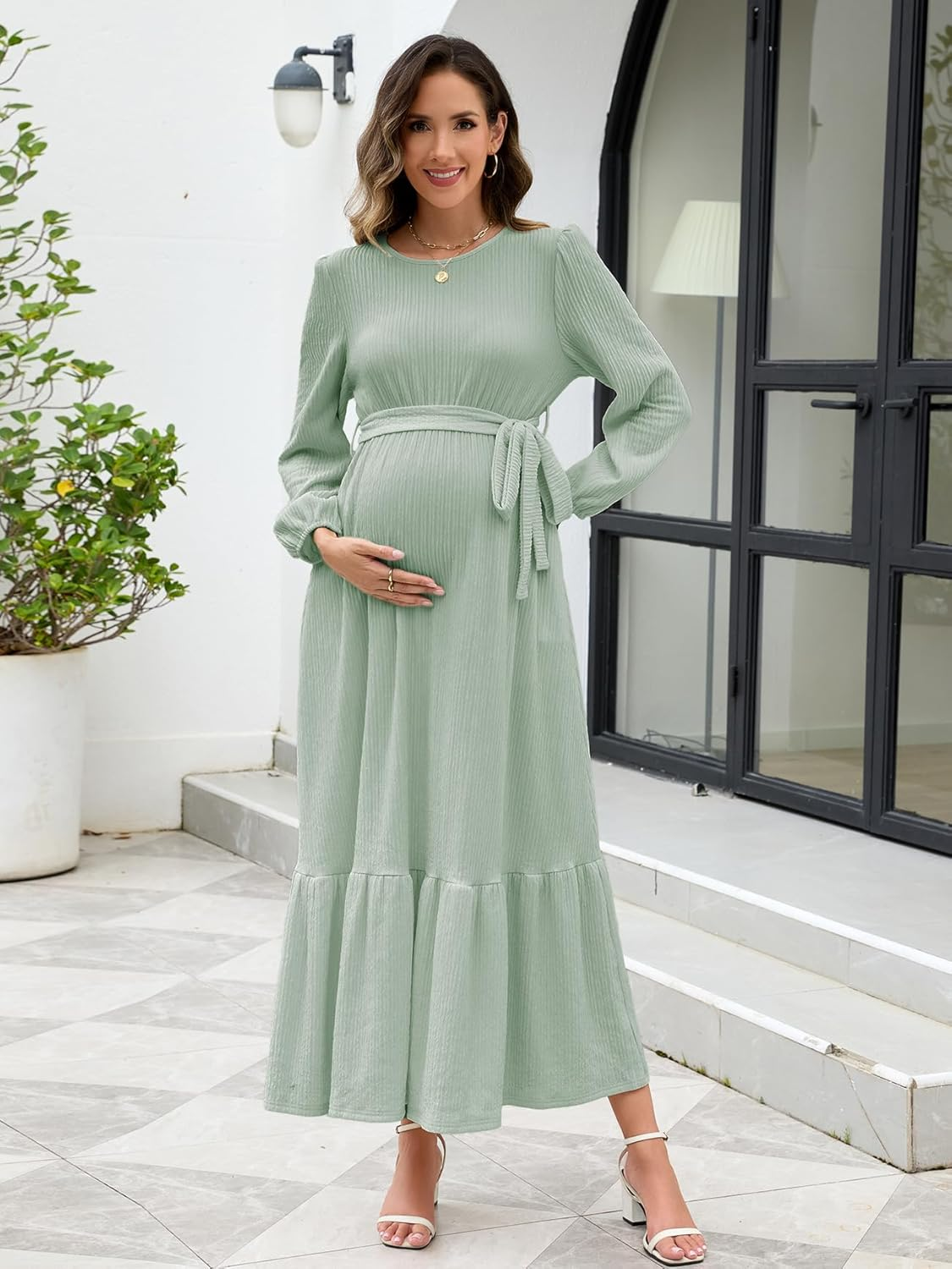 Women'S Maternity Maxi Dress with Belt Long Sleeve Crew Neck Pregnancy Dresses with Pockets Baby Shower Photoshoot image number 4