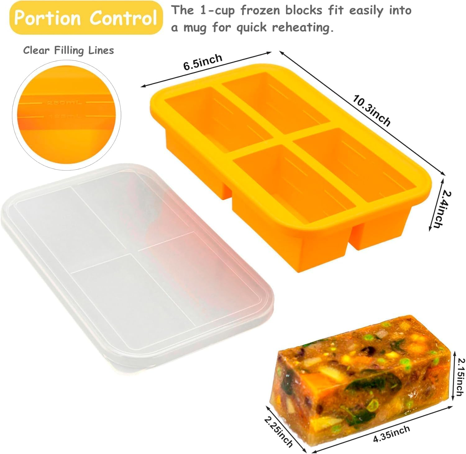 CIVPOWER 1-Cup Extra Large Silicone Freezing Tray with Lid,Silicone Soup Freezer Molds, Freezer Container,Freeze & Store Soup, Broth, Sauce, Leftovers - Makes 4 Perfect 1 Cup Portions (1) image number 4