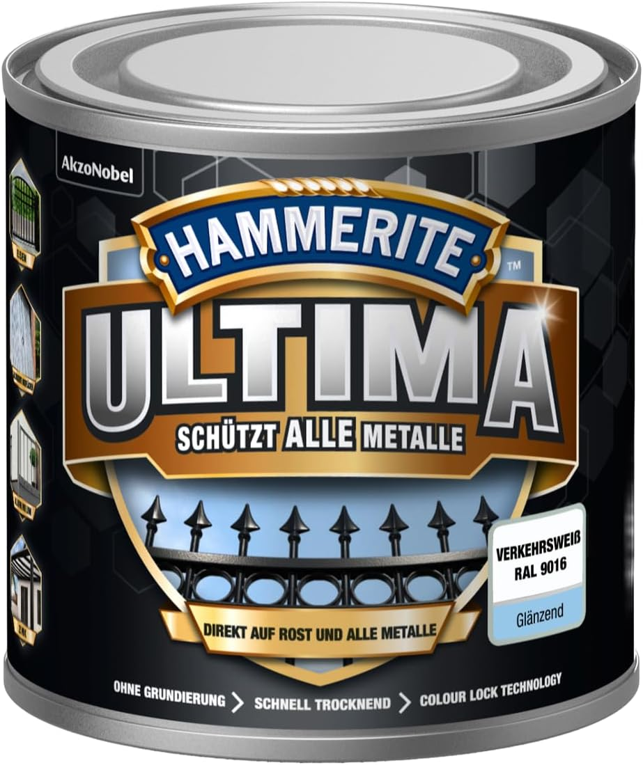 Hammerite Ultima Glossy Metal Protective Paint Traffic White RAL9016, 250 Ml image number 3