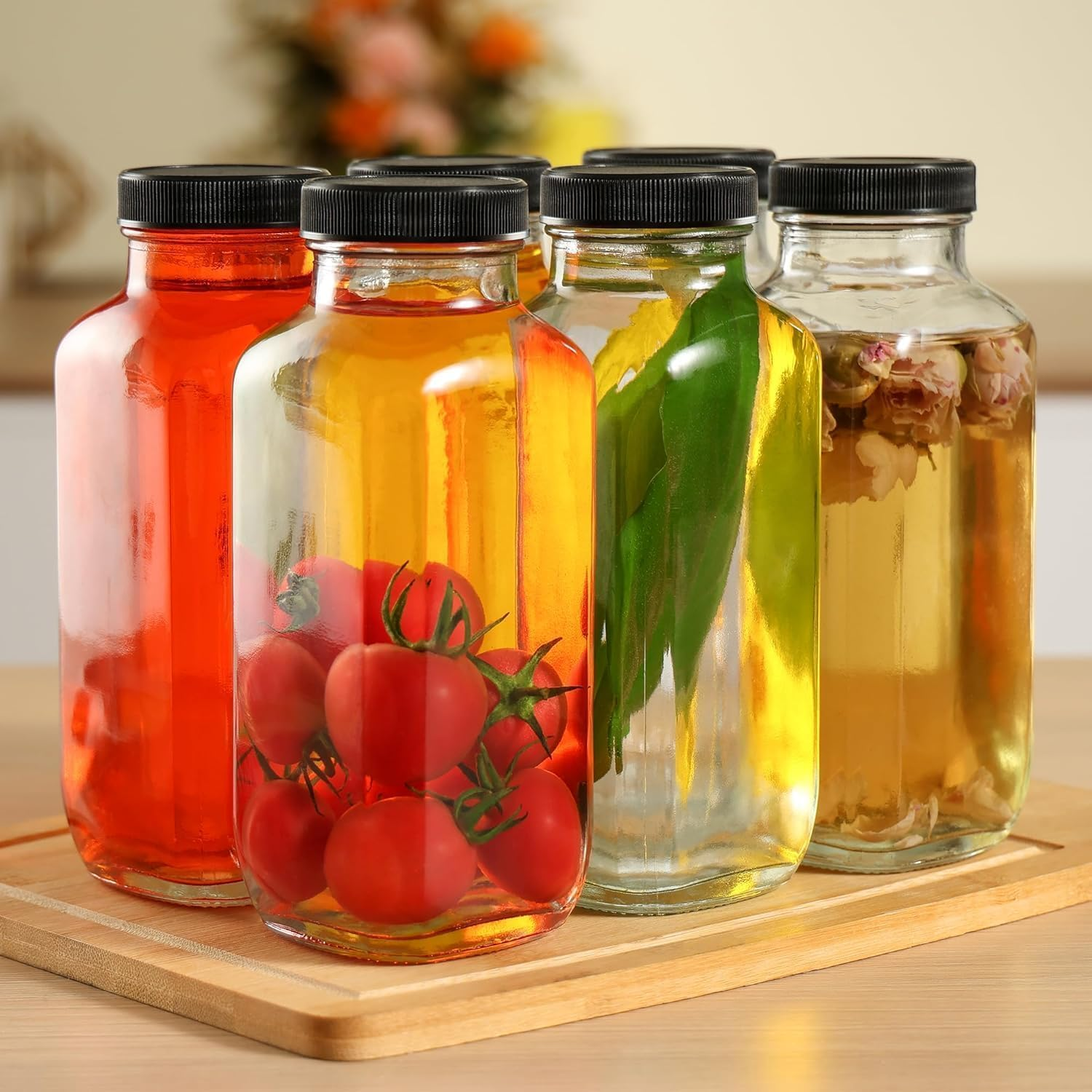 Juice Bottles, Glass Juice Bottles with Lids, 500Ml Reusable Glass Drink Bottles for Fridge, Clear Jars with Caps, for Milk, Juicing, Kombucha, Ginger, Beverage Glassware, Drinking Jars, 16 Oz 6 PCS image number 3