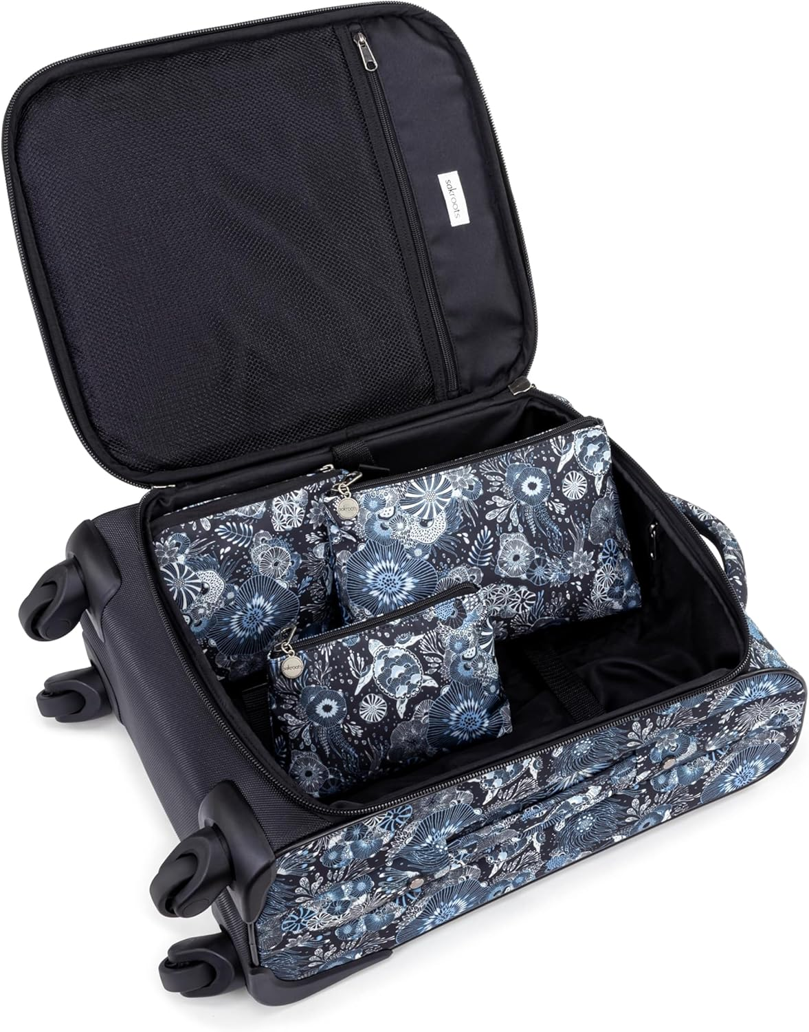 Sakroots on the Go 4 Piece Travel Bundle, Includes 21" Rolling Suitcase, Packable Large Tote, Medium & Small Pouches, Midnight Seascape - Royal Blue Seascape image number 4