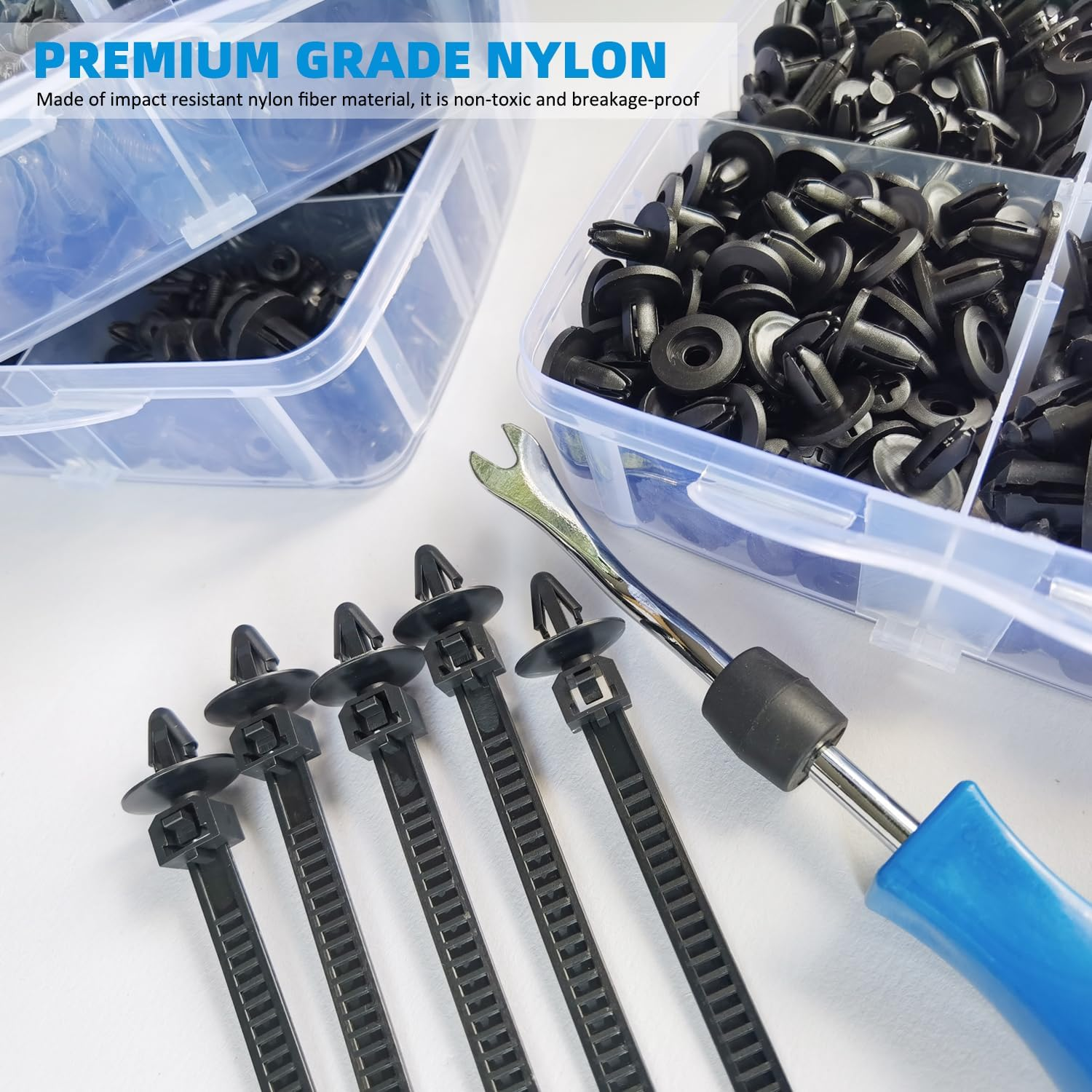 625-Piece Car Push Retainer Clips Body Clips Plastic Fasteners Kit 16 Most Popular Sizes Nylon Auto Push Pin Rivets Set with 5 Cable Ties & Remover Tool for Bumper, Fender, Door Trim image number 6