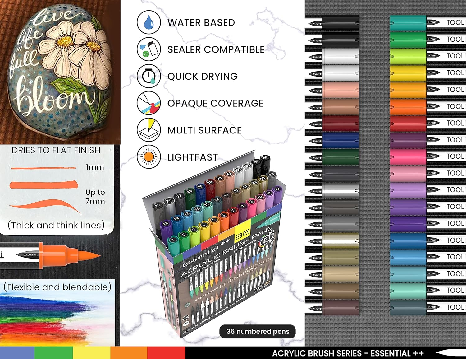 36 Flexible Brush Tip Acrylic Paint Pens Markers Set 1-7Mm Line for Rock Painting, Brush Lettering, Scrapbooking, Glass, Mugs, Wood, Metal, Canvas, Fabric, Plastic. Non Toxic Waterbased Quick Drying image number 4