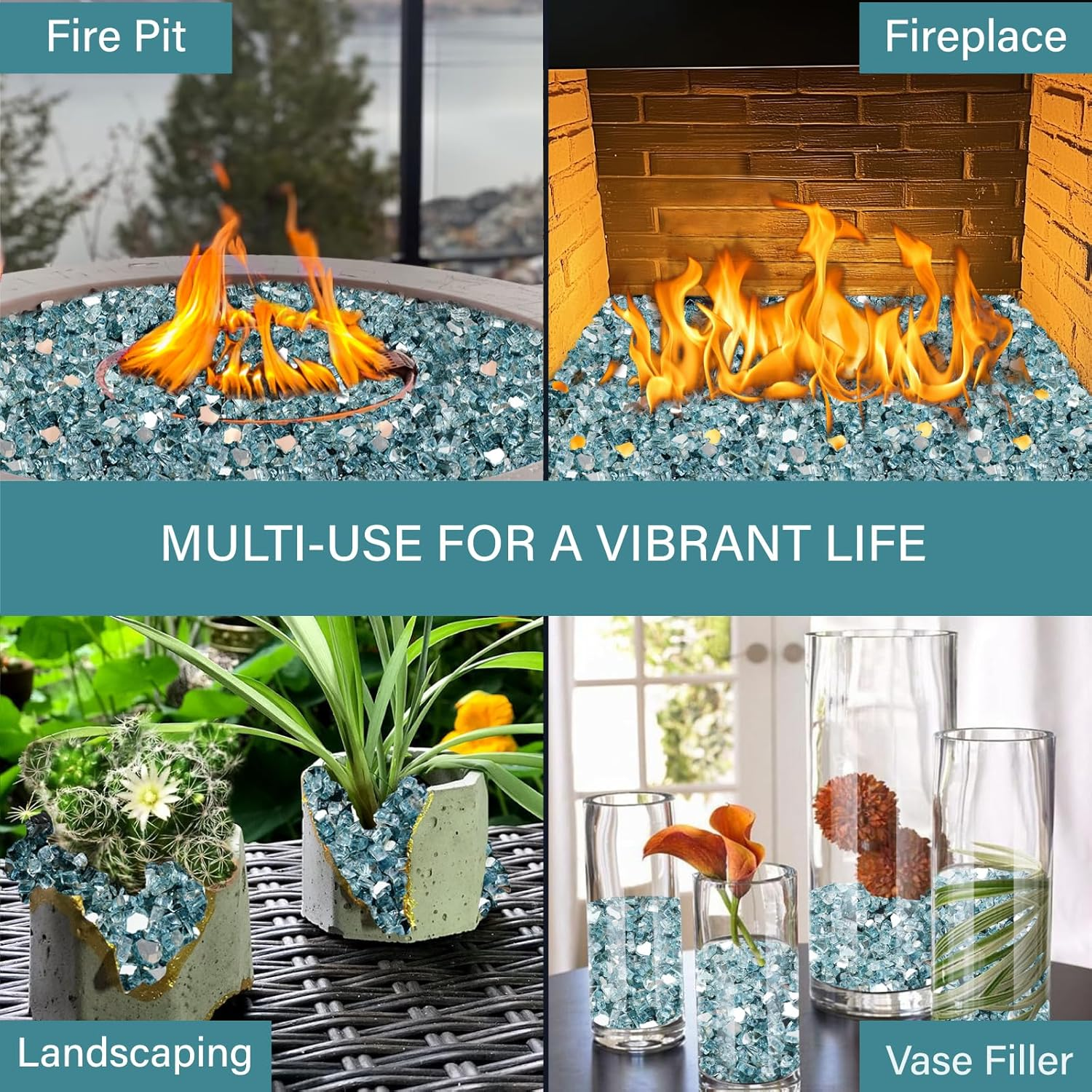 NUPICK 5 Pound Fire Glass, 1/4 Inch Reflective Fire Pit Glass, Tempered Firepit Glass Rock for Propane or Natural Gas, Glass Rocks for Fire Pit Table, Fireplace Glass for Landscaping, Aqua Blue image number 4