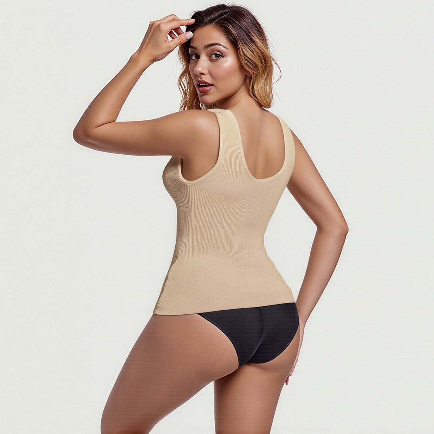 Compression Tank Top Women, Seamless Square Neck Tummy Control Camisole Top, Ribbed Body Shaper Camisole Slim Fit Workout image number 6