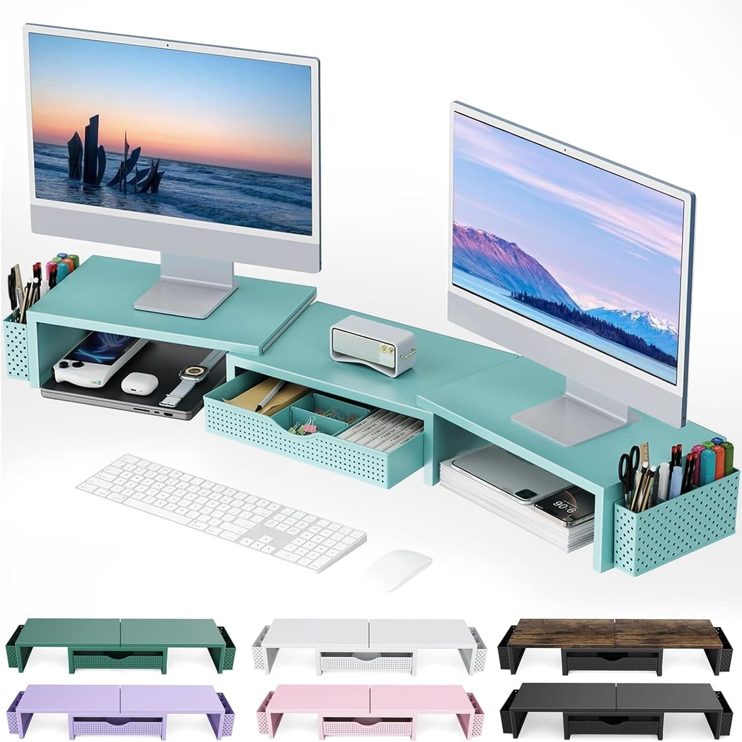 Gianotter Dual Monitor Stand Riser, Desk Organizer with Drawer and 2 Pen Holders, Desk Organizers and Accessories, Purple Office Decor (Purple)
