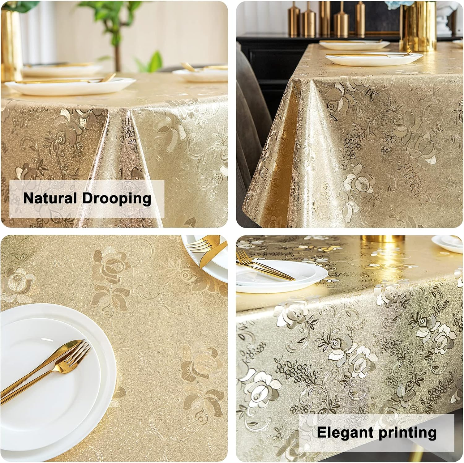 Jacquard Tablecloth, FHDUSRYO PVC Floral Pattern round Table Cloth, Waterproof Wipeable Magnolia Table Cover, Oil-Proof Table Protector for Kitchen, Dinning Room, Party (Gold, 140X140 Cm) image number 3