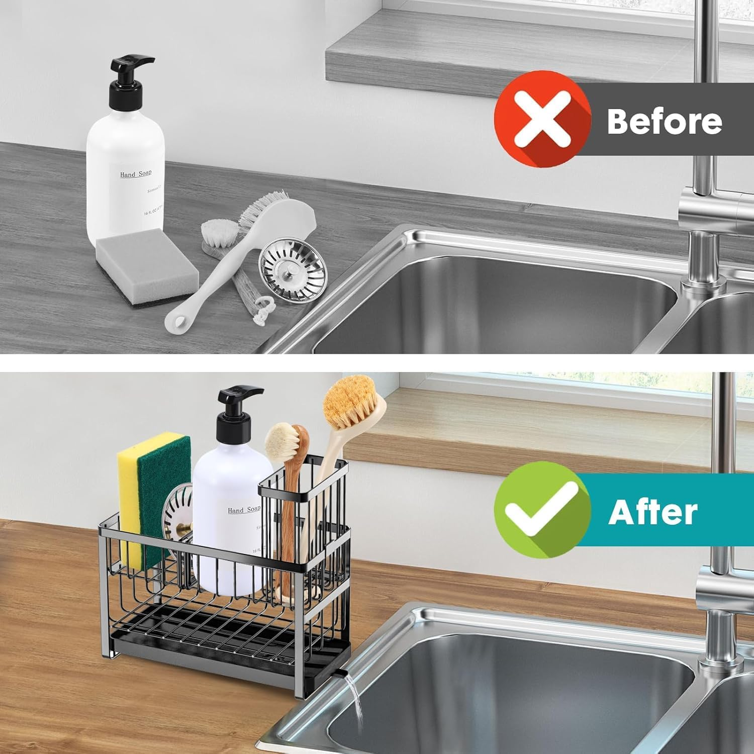 Sponge Holder for Kitchen Sink Organizer,2 Tier Dish Brush Scrubber Holder,Stainless Steel Sink Box Utensil Holder,Soap Dispenser Set Tray Counter Accessories & Storage Rack (Stainless Steel, &lrm;Black) image number 4