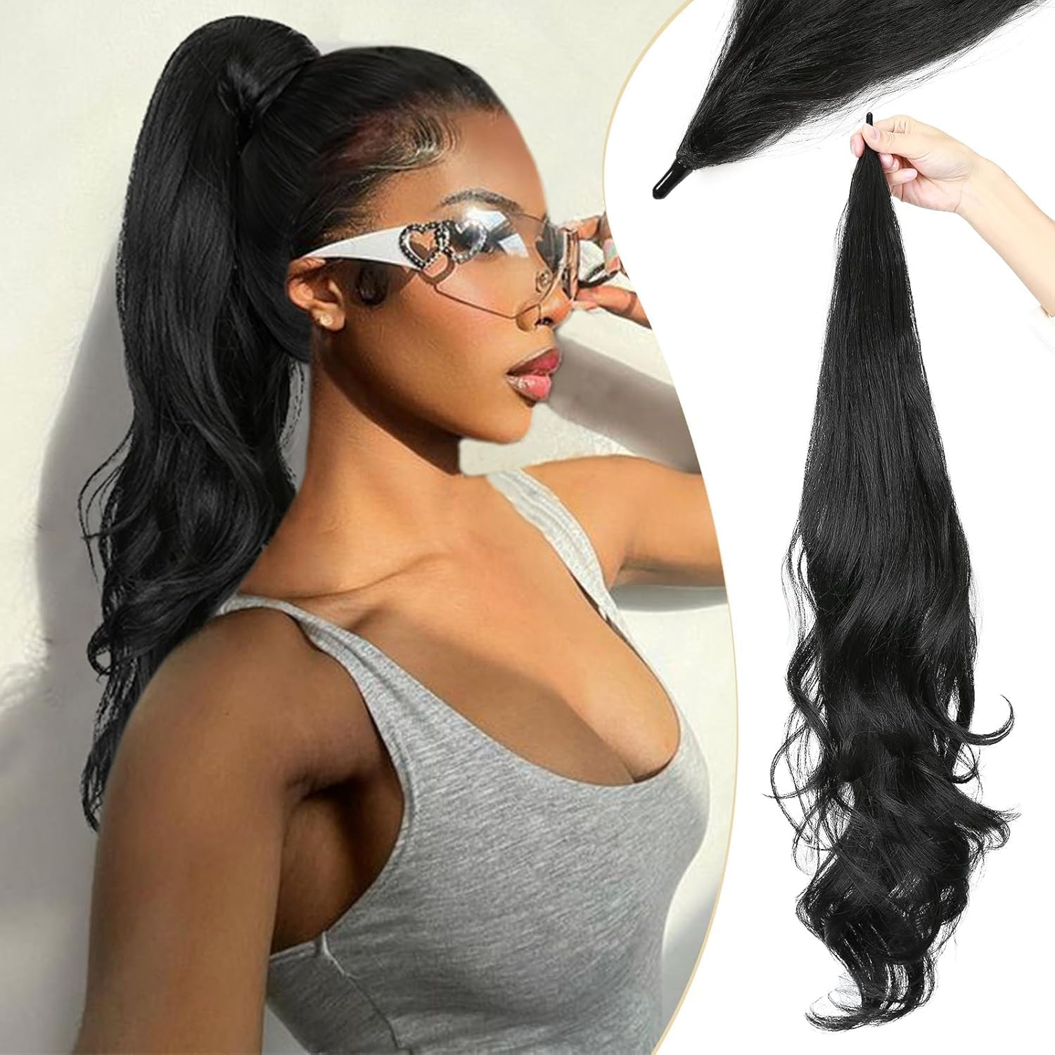 Flexible Wrap around Long Curly Ponytail Extension 32Inch Kinky Ponytail for Black Women Natural Black Pony Tails Hair Extensions for Women (Black, 32Inch) image number 3