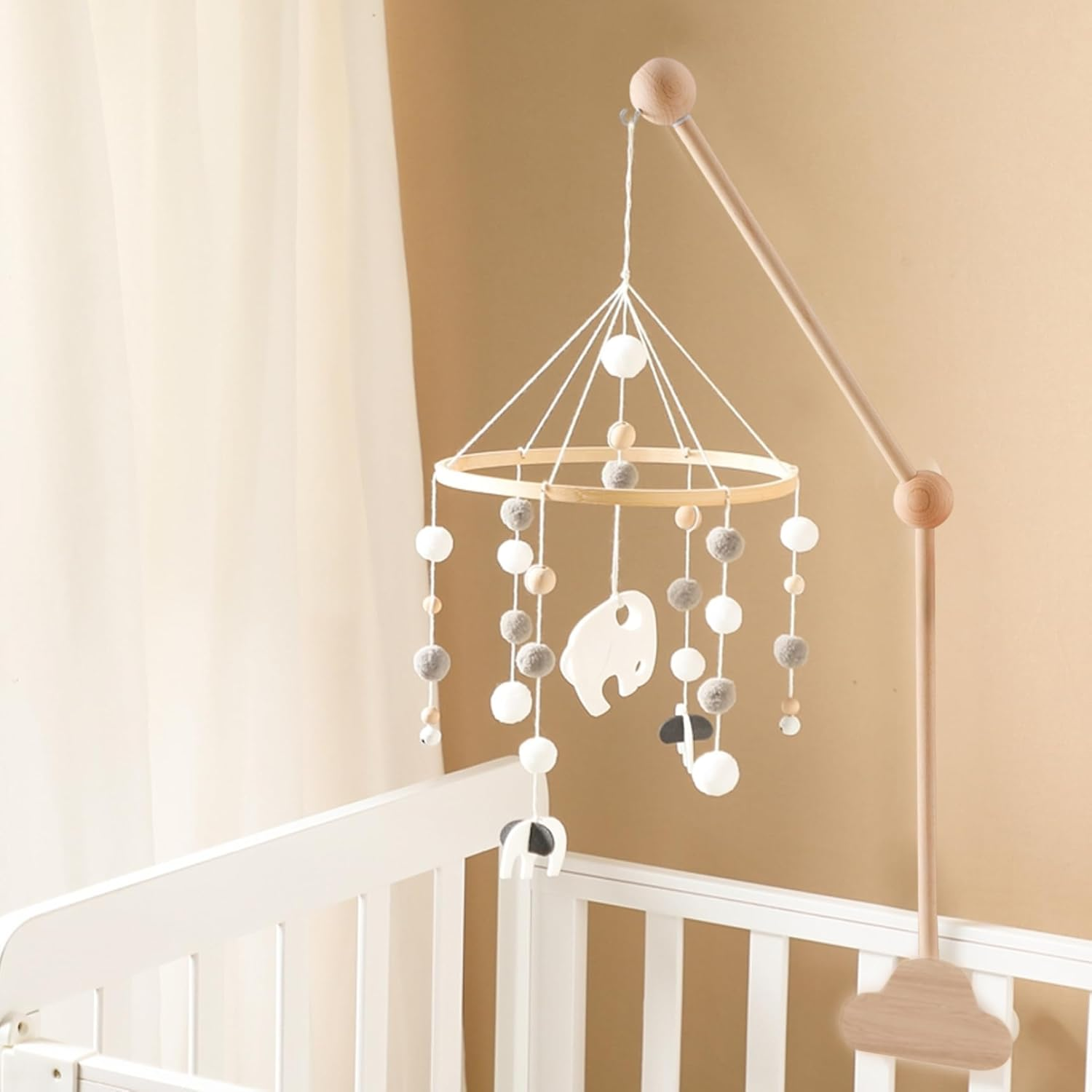 Cot Mobile Arm 69Cm Wooden Cloud Design Detachable Baby Mobile Hanger Height Adjustable Cute Crib Mobile Arm for Home Baby Bed Bell Wind Chimes image number 4