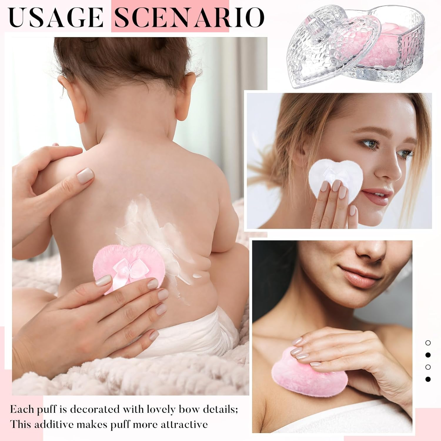 Tioncy 3 Pcs Large Body Powder Puff and Container Valentine'S Day Gift Powder Container with Puff Crystal Case Soft Washable Reusable Velour Face Body Glitter Wet Dry Makeup(Hammered Heart,Clear) image number 3