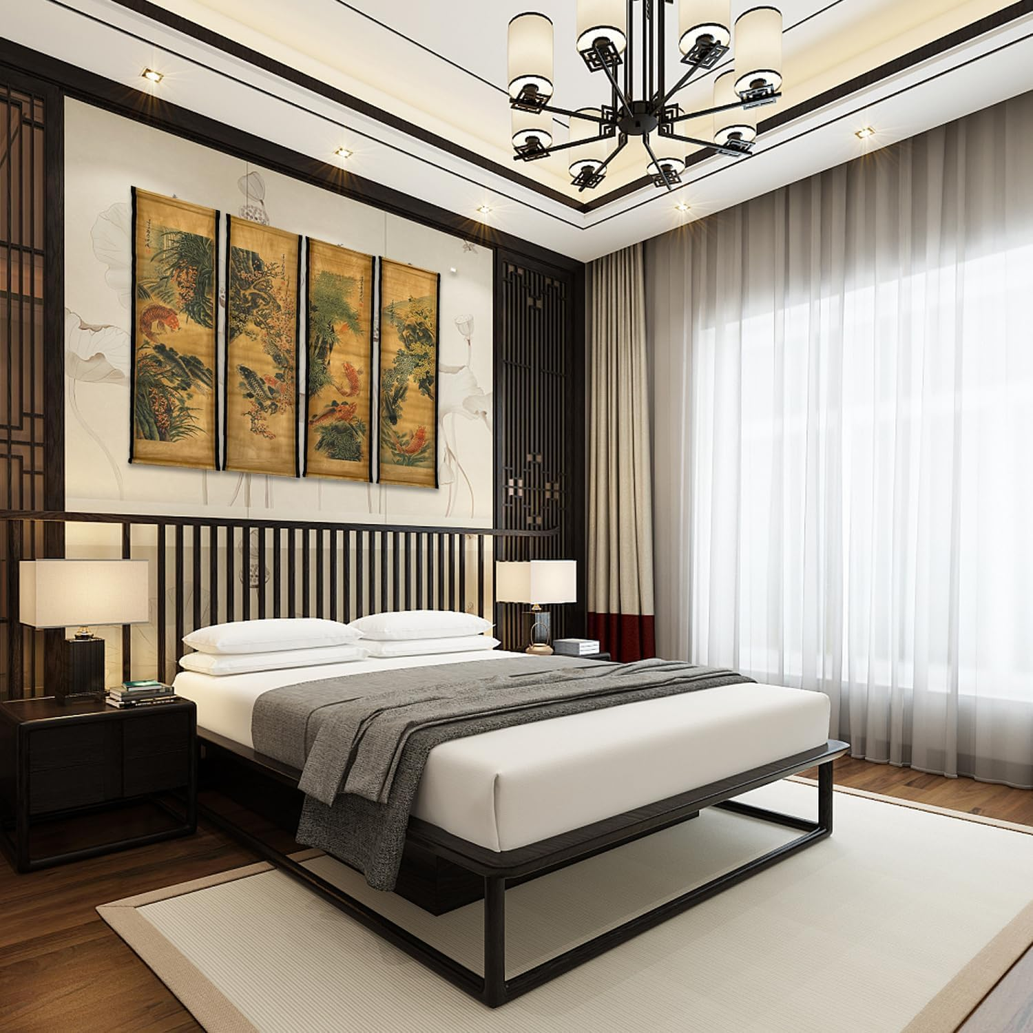 4Pcs/Set Wall Scroll Hanging Painting Decor Fish Flower Fengshui, Ancient Paintings Replica Asia Traditional Art, Attract Wealth Four Seasons