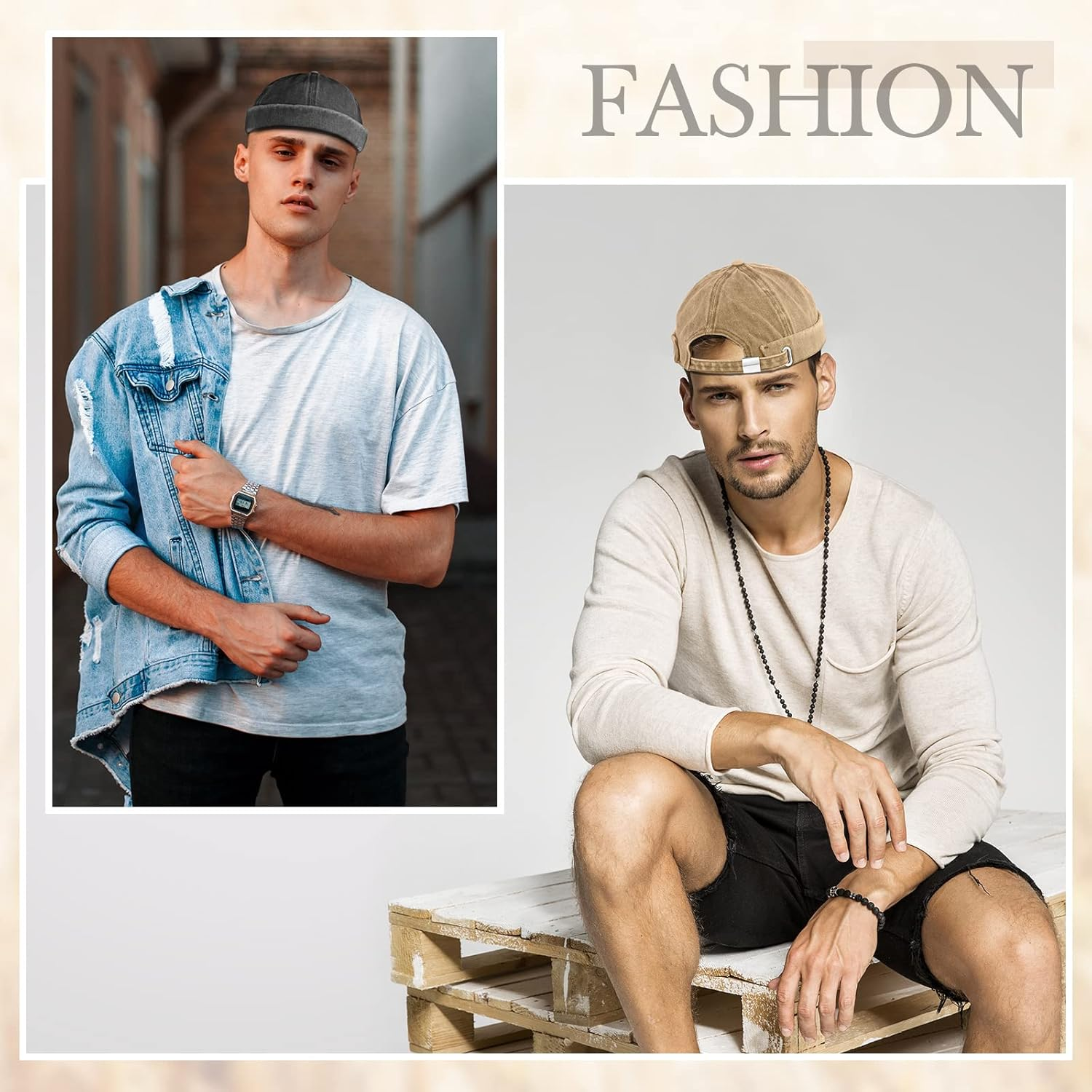 2 Pieces Brimless Hats for Men Adjustable Docker Hat Casual No Brim Hat Visor-Less Flip Hat Sailor Skullcap image number 2