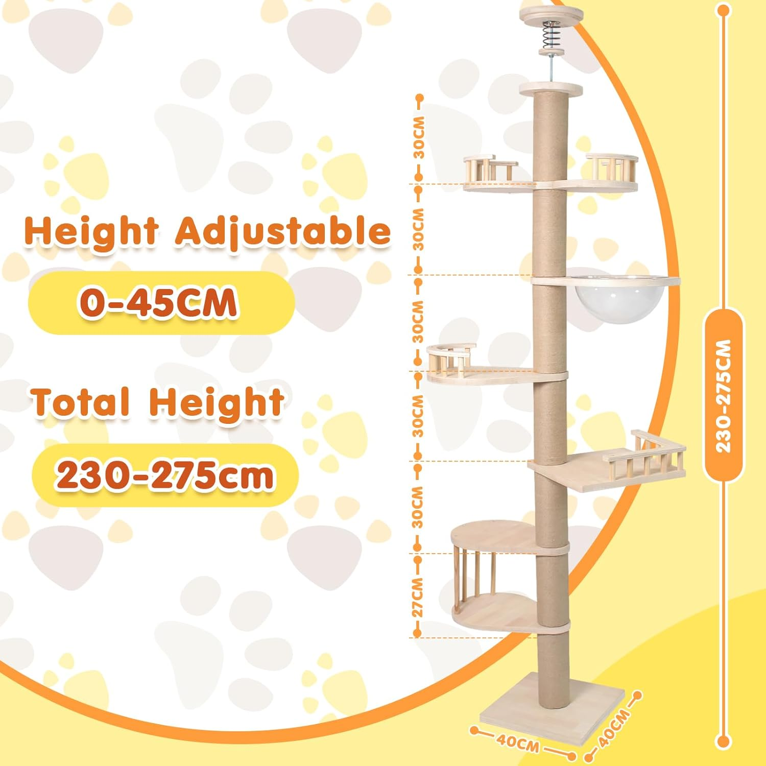Advwin Floor to Ceiling Cat Tree Tall Cat Tower, Adjustable Height (230-275Cm), 6 Tiers Cat Scratching Post Natural Sisal Rope Cat Tree Cat Modern Activity Tree for Indoor Cats image number 6