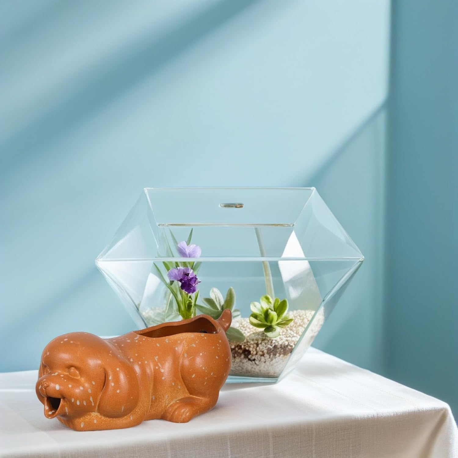 Ceramic Dog Fountain Spitter Waterfall for Fish Tank Aquarium Decor with Planter Interactive Running Water Feature and Natural Filtration Adorable Puppy Sculpture for Indoor