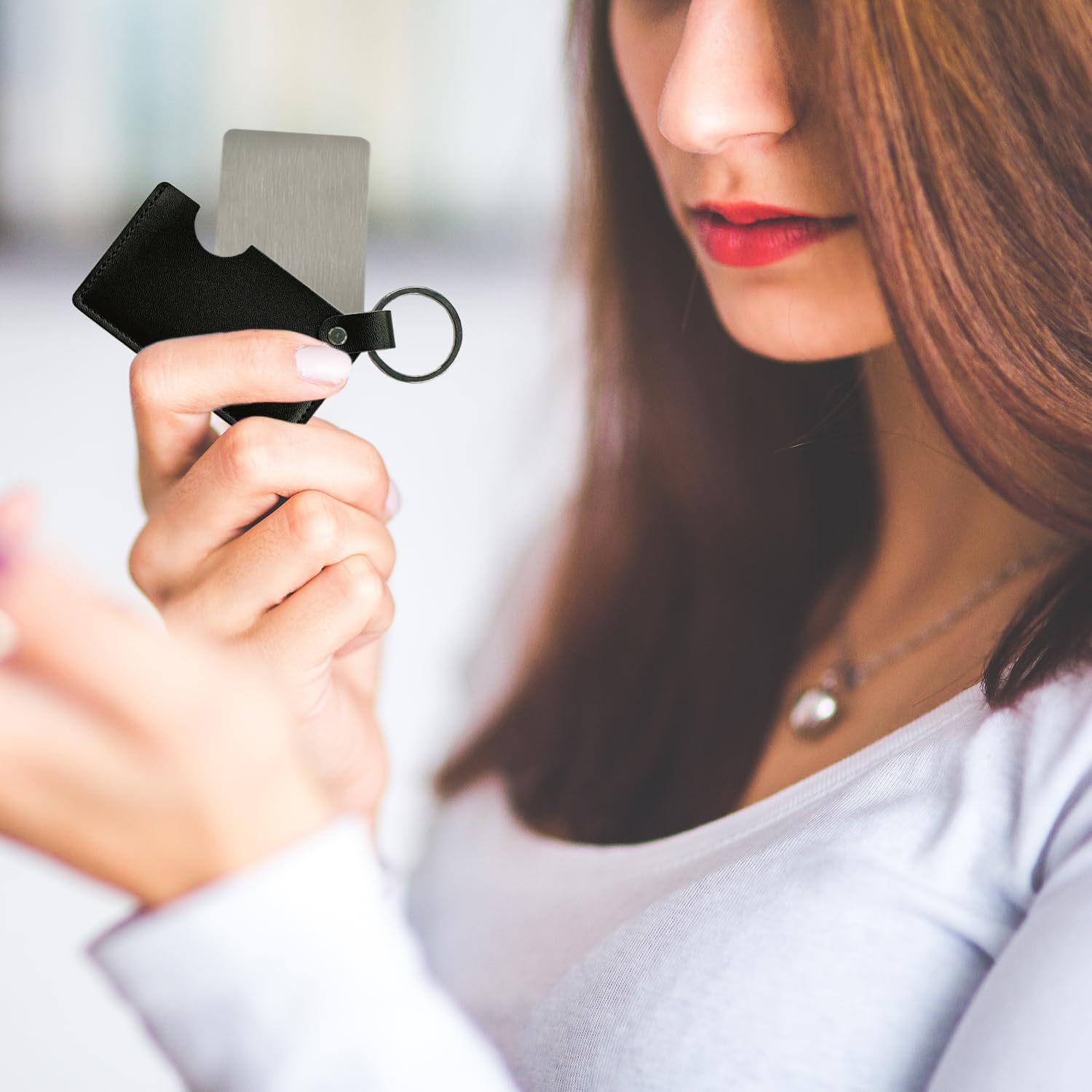 Compact Stainless Steel Mirror with Keychain Mini Handheld Travel Makeup Mirror with PU Leather Case Unbreakable Rectangular Pocket Mirror for Wallet and Purse (White)