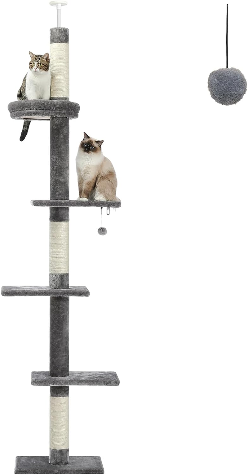 PAWZ Road Cat Tree 5-Tier Floor to Ceiling Cat Tower Height Adjustable 95-107 Inches, Tall Kitty Climbing Activity Center with Scratching Post, Cozy Bed, Dangling Ball for Indoor Cats Beige