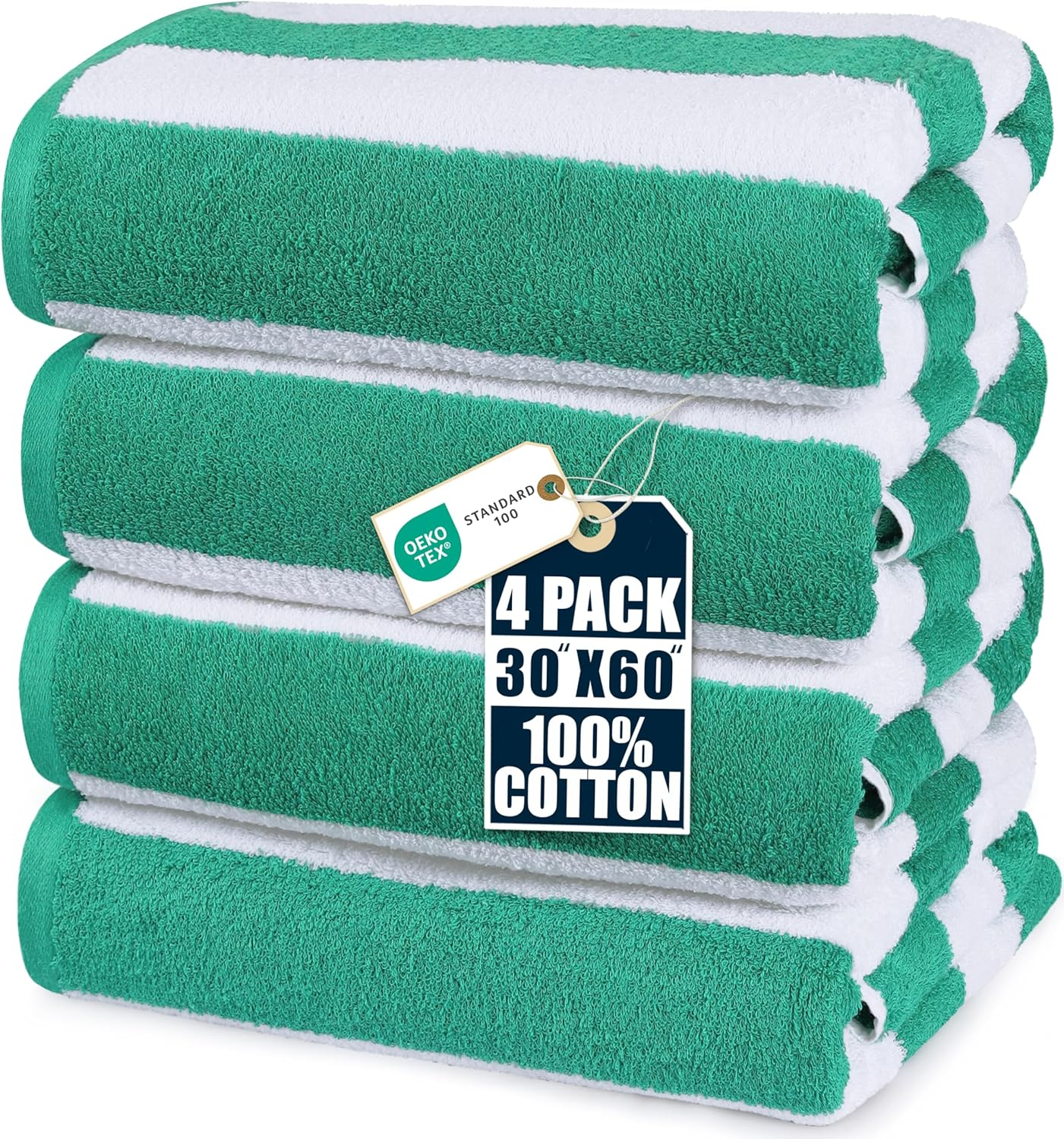 Utopia Towels Large Beach Towel - Cotton Pool Towels - Cabana Stripe Towels (4 Pack, 30 X 60 Inches) Green