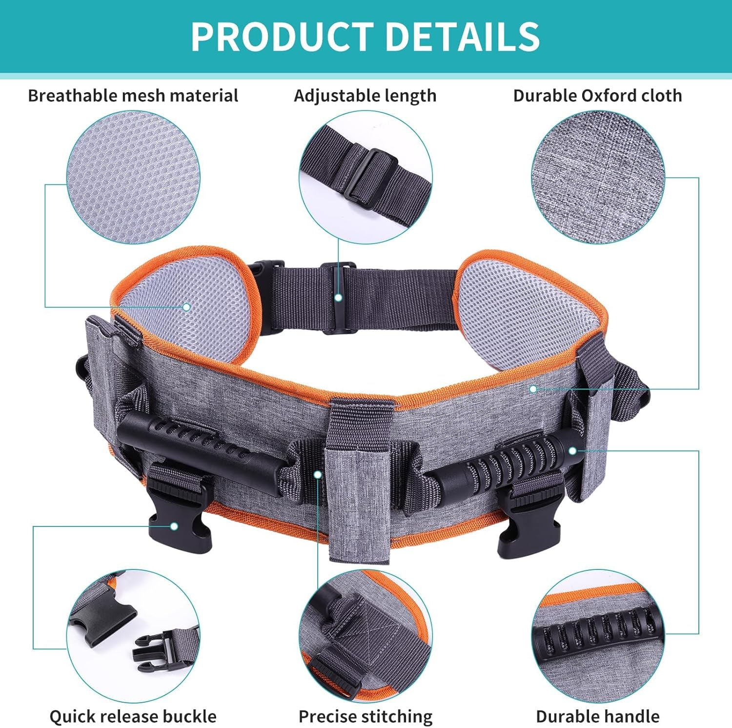 ENLUNTRA Gait Belts Transfer Belts for Seniors with 7 Handles and Detachable Leg Straps，Gate Belt for Elderly Lift Belts with Quick Release Buckle，Patient Transfer Belts for Lifting Seniors, Orange-Grey, 90Cm image number 4