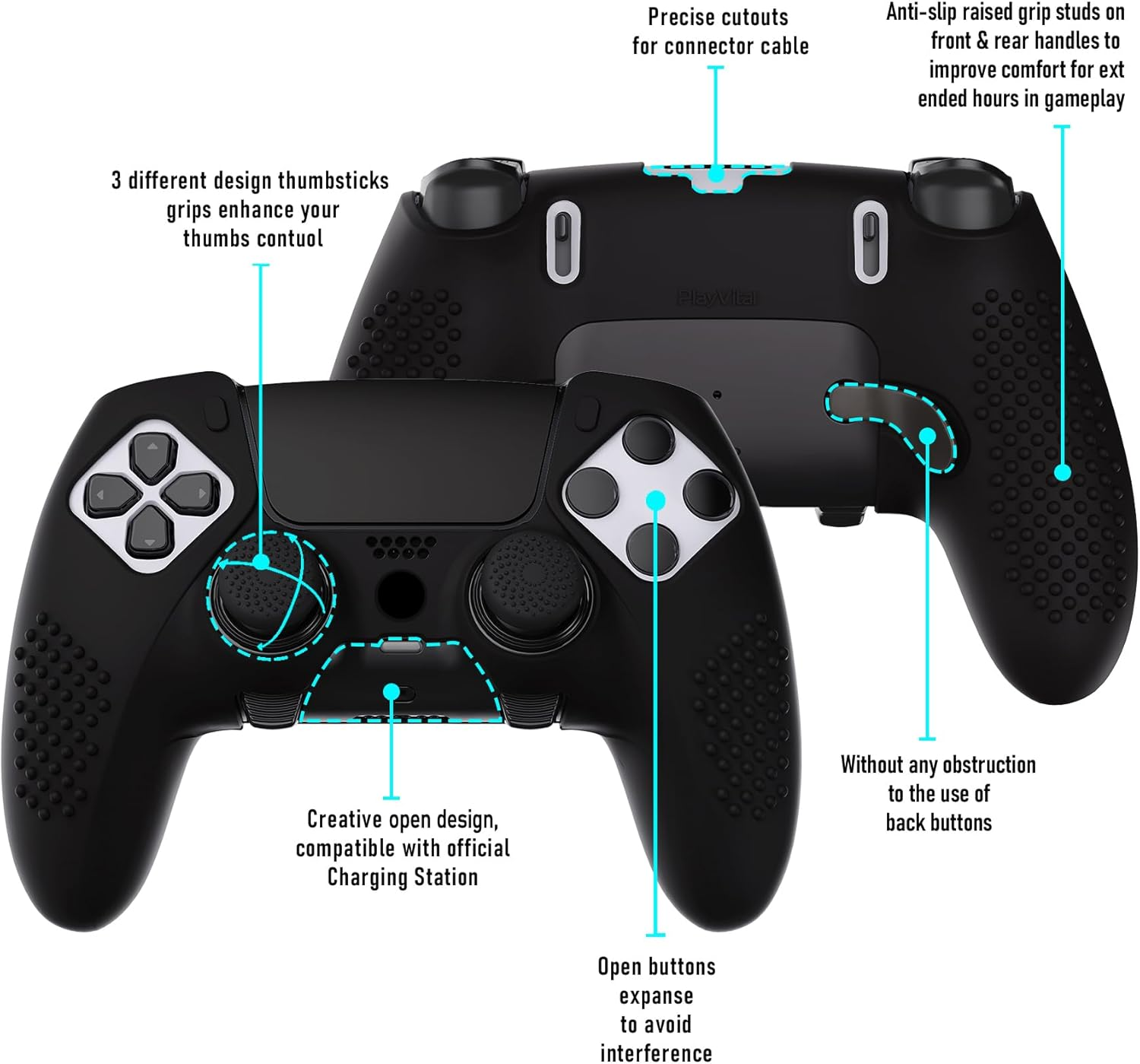 Playvital 3D Studded Edition Anti-Slip Silicone Cover Case for Ps5 Edge Controller, Soft Rubber Protector Skin for Ps5 Edge Wireless Controller with 6 Thumb Grip Caps - Black