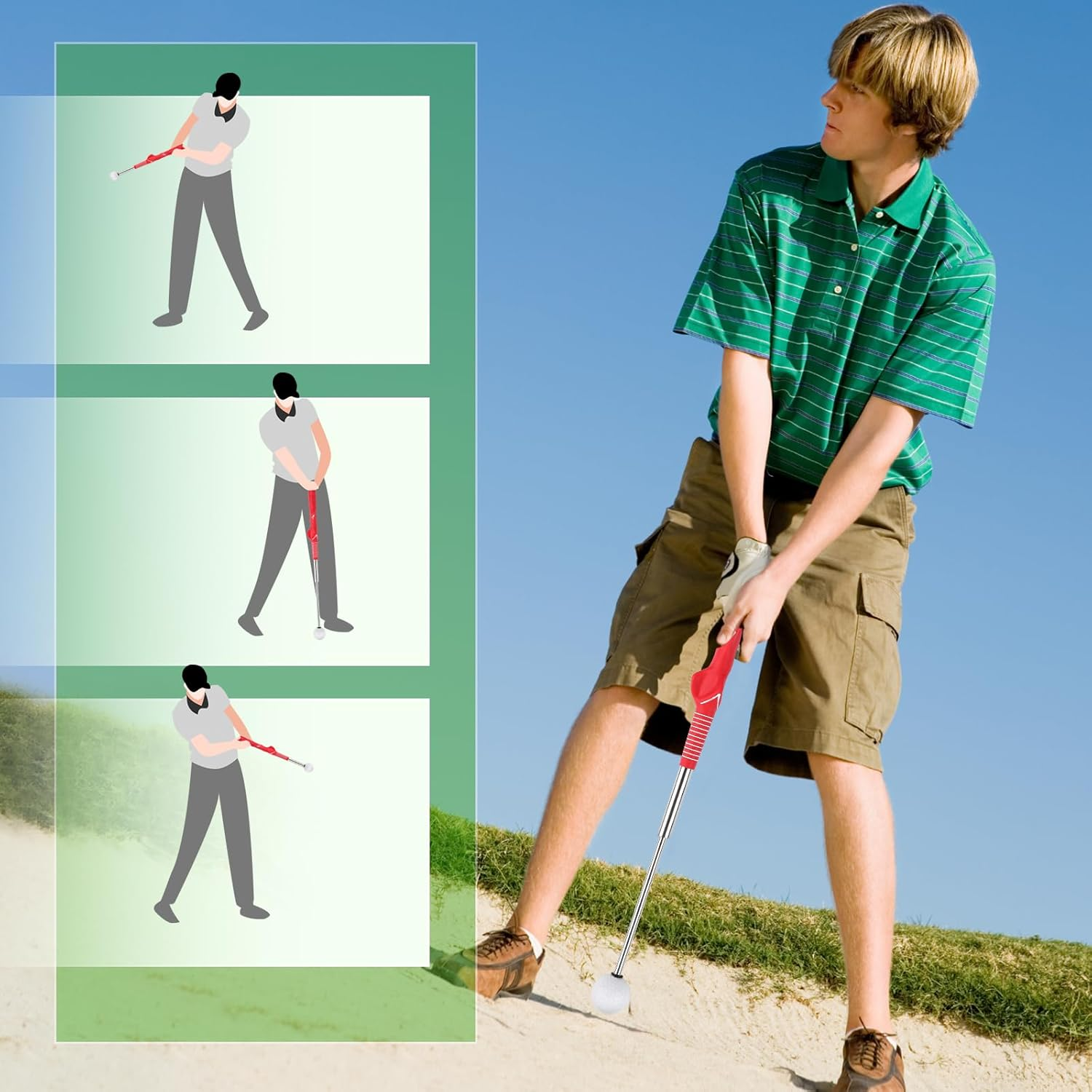 Retractable Golf Training Aid, Practical Swing Trainer Portable Golf Grip Training Aid Stretchable Golf Alignment Sticks for Indoor Practice Warm-Up Tempo Chipping Hitting Training (Red) image number 1